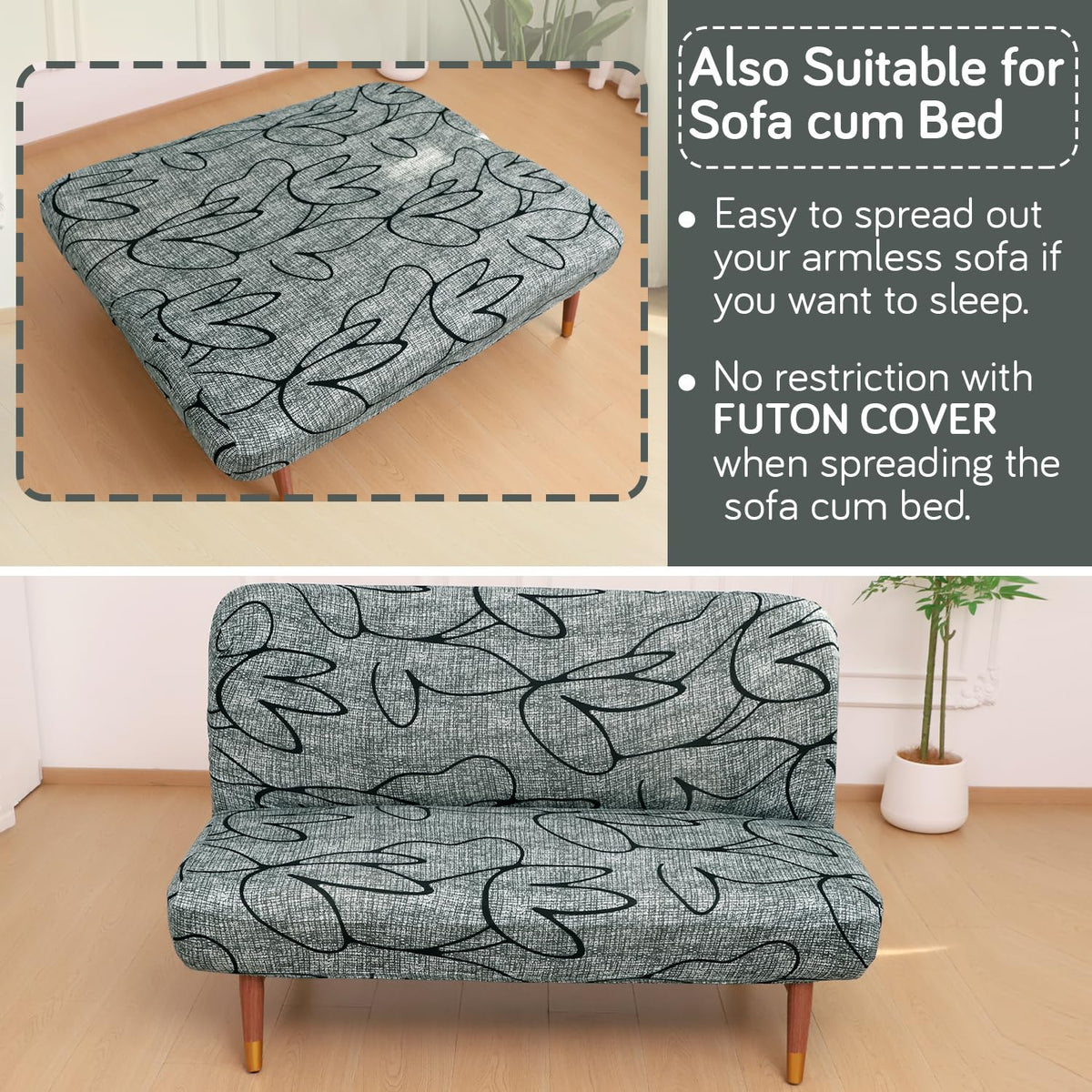 Buy Intense Grey Abstract Floral Printed Futon Sofa Cover For Sofa Cum Bed In Living Room | HOKIPO