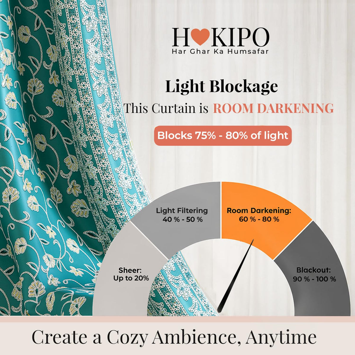 HOKIPO Shahi Bagh Eyelet Curtains, 7 Feet Long - Teal - image 5