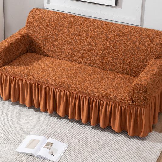 Elastic Stretchable Designer Woven Jacquard Sofa Cover with Frill, Caramel Brown