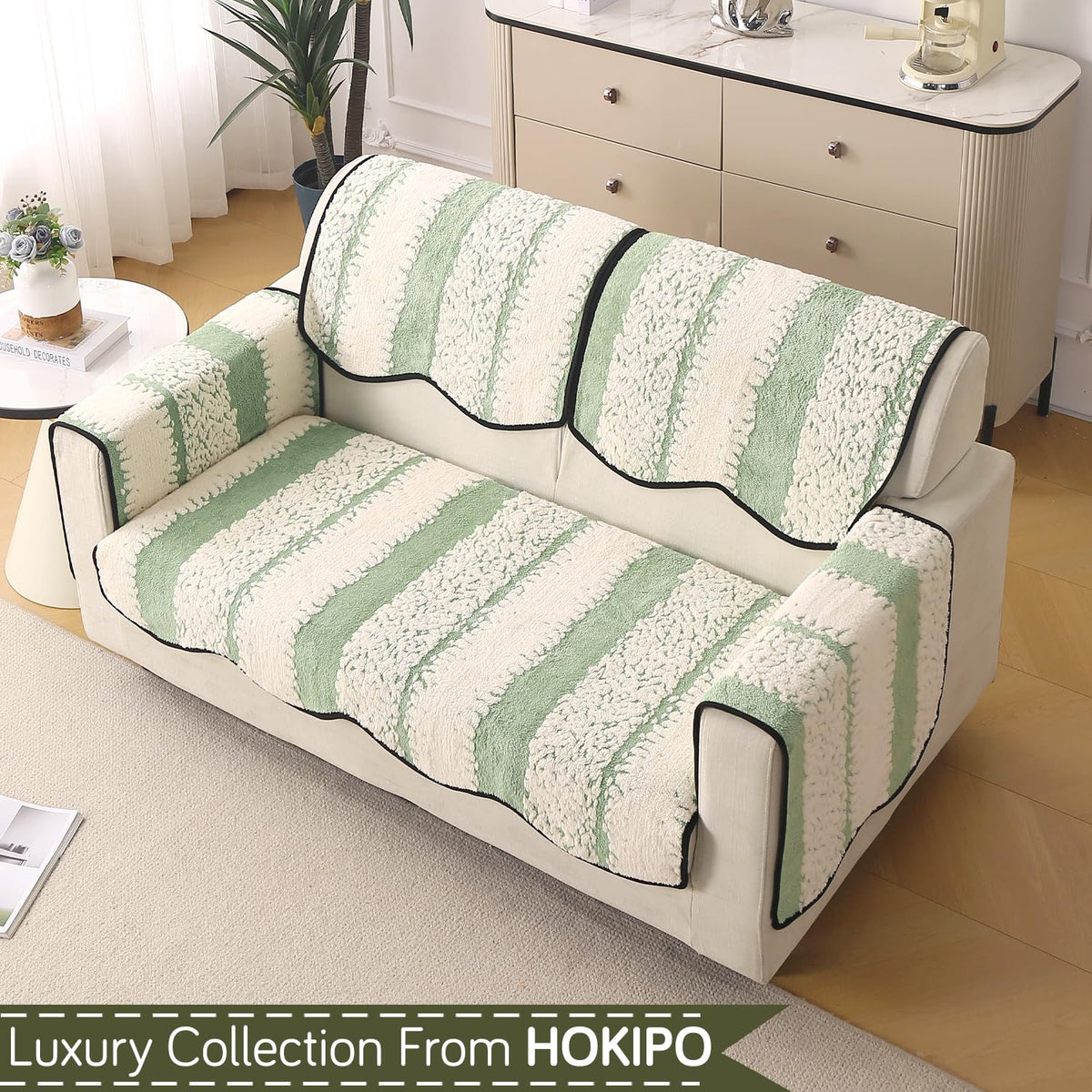 Luxury Sofa Cover Set | Seat, Back & Arm Covers | Anti-Slip Wavy Mat – Pistachio Green