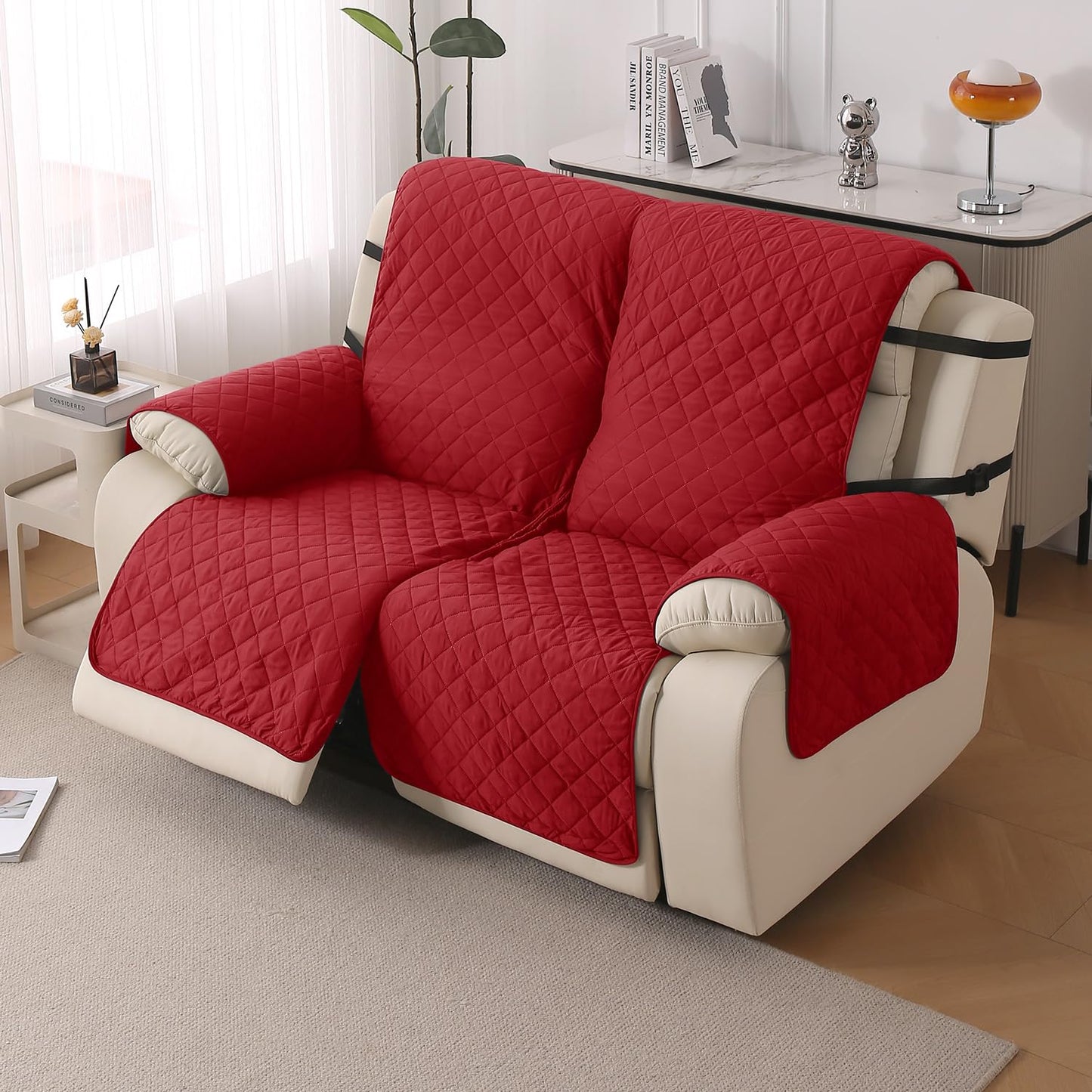 UrbanQuilt Recliner Sofa Slipcover Mat with Dual Belt for 1/2/3 Seater - Scarlet Red