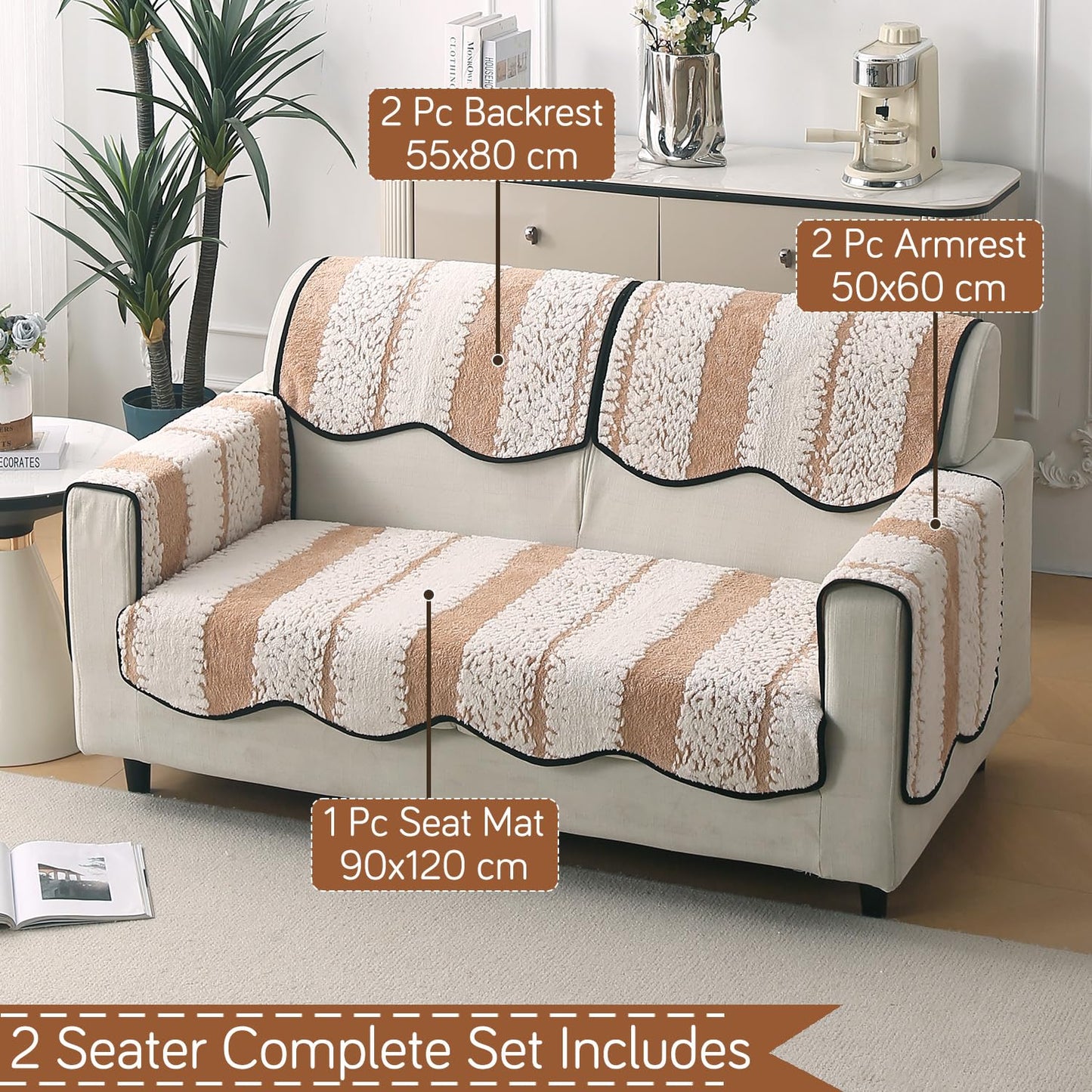 Luxury Sofa Cover Set | Seat, Back & Arm Covers | Anti-Slip Wavy Mat – Desert Brown