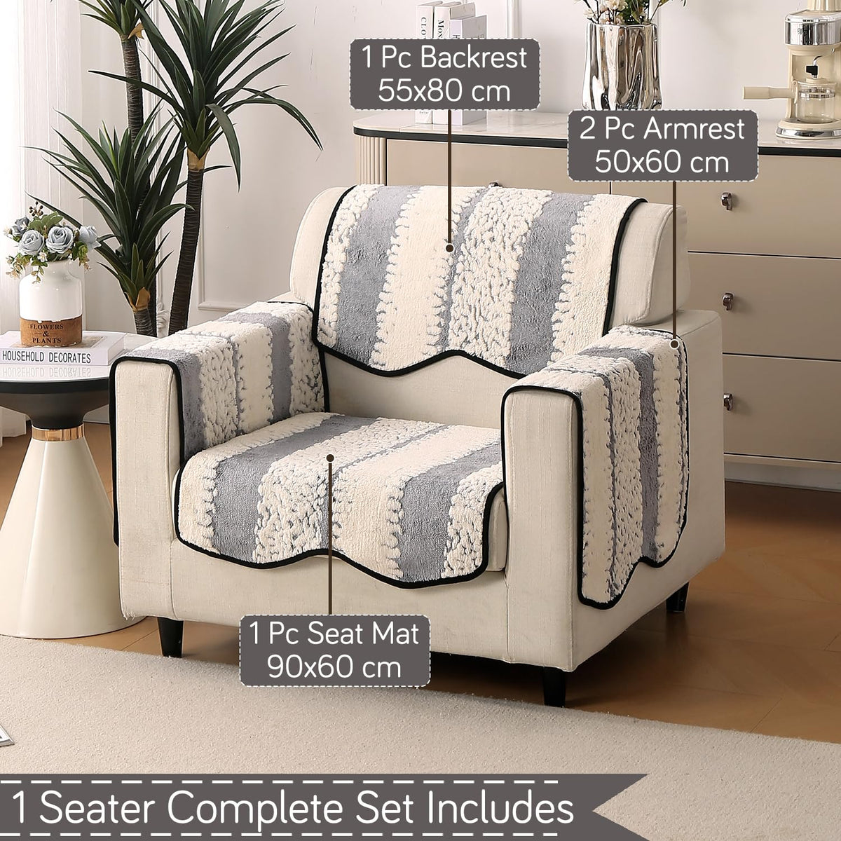 Luxury Sofa Cover Set | Seat, Back & Arm Covers | Anti-Slip Wavy Mat – Pewter Grey
