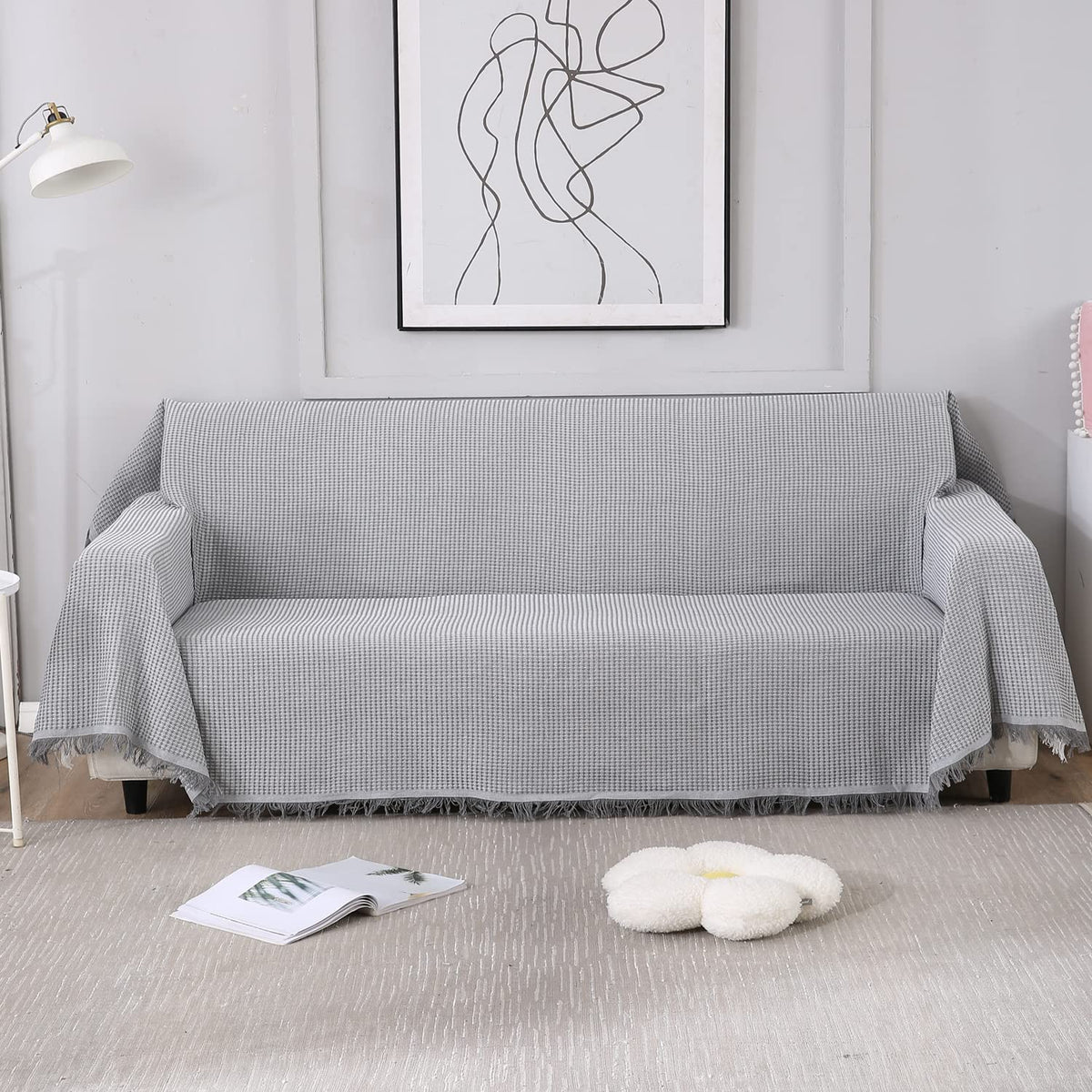Grey colour polycotton Three seater sofa throw of size 180(D)x300(L)
