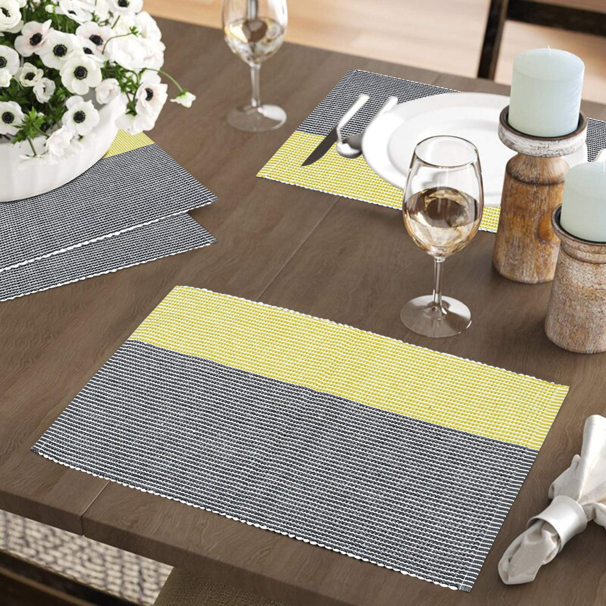 Ribbed Cotton Heat Resistant Dining Table Mat, Yellow & Grey