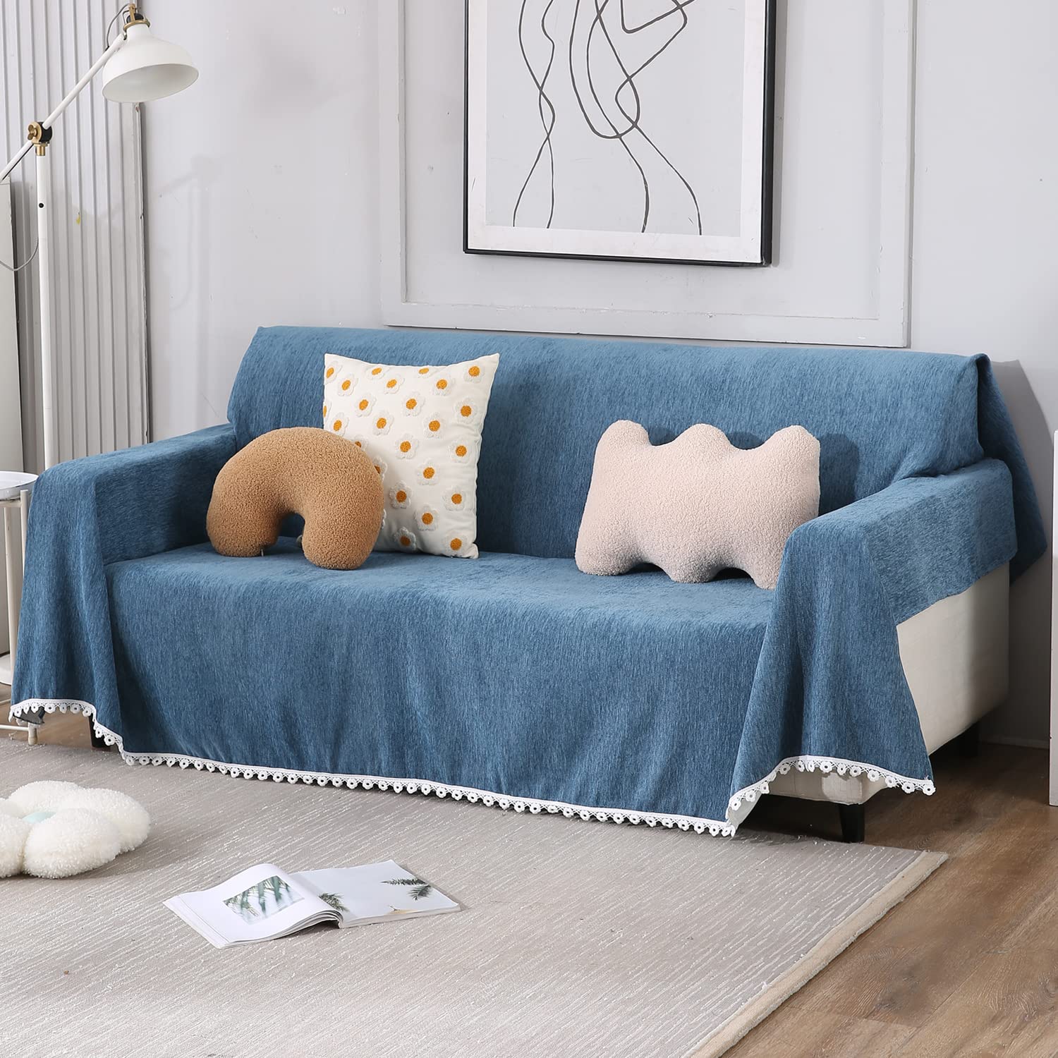 Blue colour chenille sofa throws available for 1, 2, 3 seater and 3+1, 3+1+1, & 3+2 seater sofa sets
