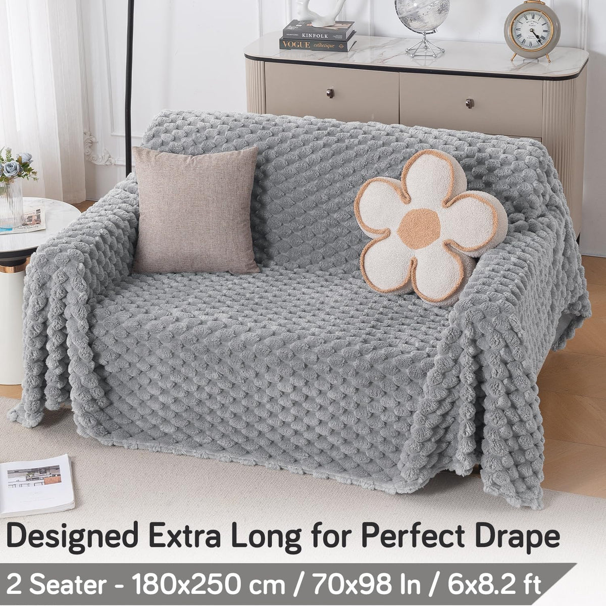 Luxury Rabbit Wool Plush Sofa Throw, Moon Grey