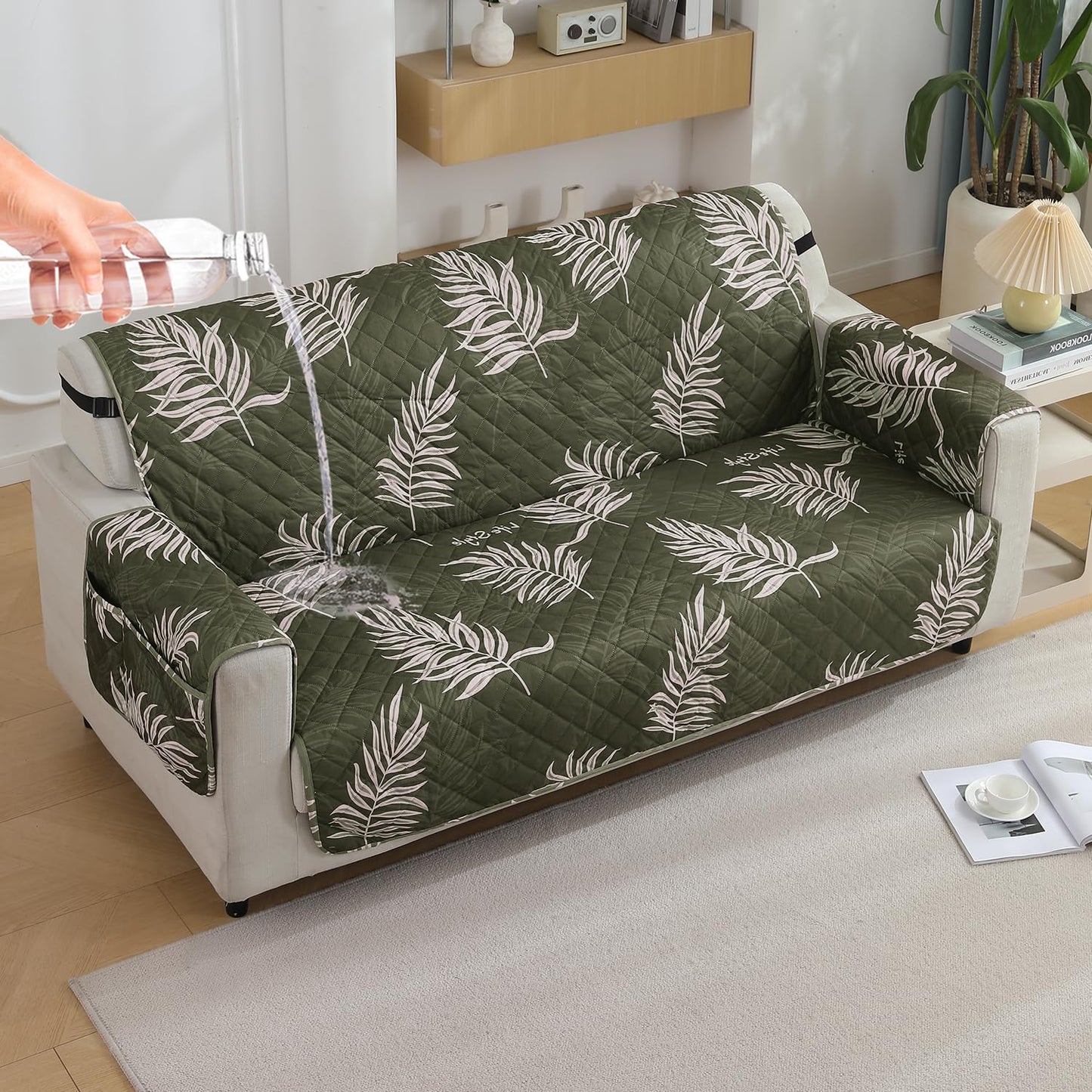 Quilted Waterproof Sofa Cover Mat with Pockets on Armrest Cover - Palm Leaves Olive