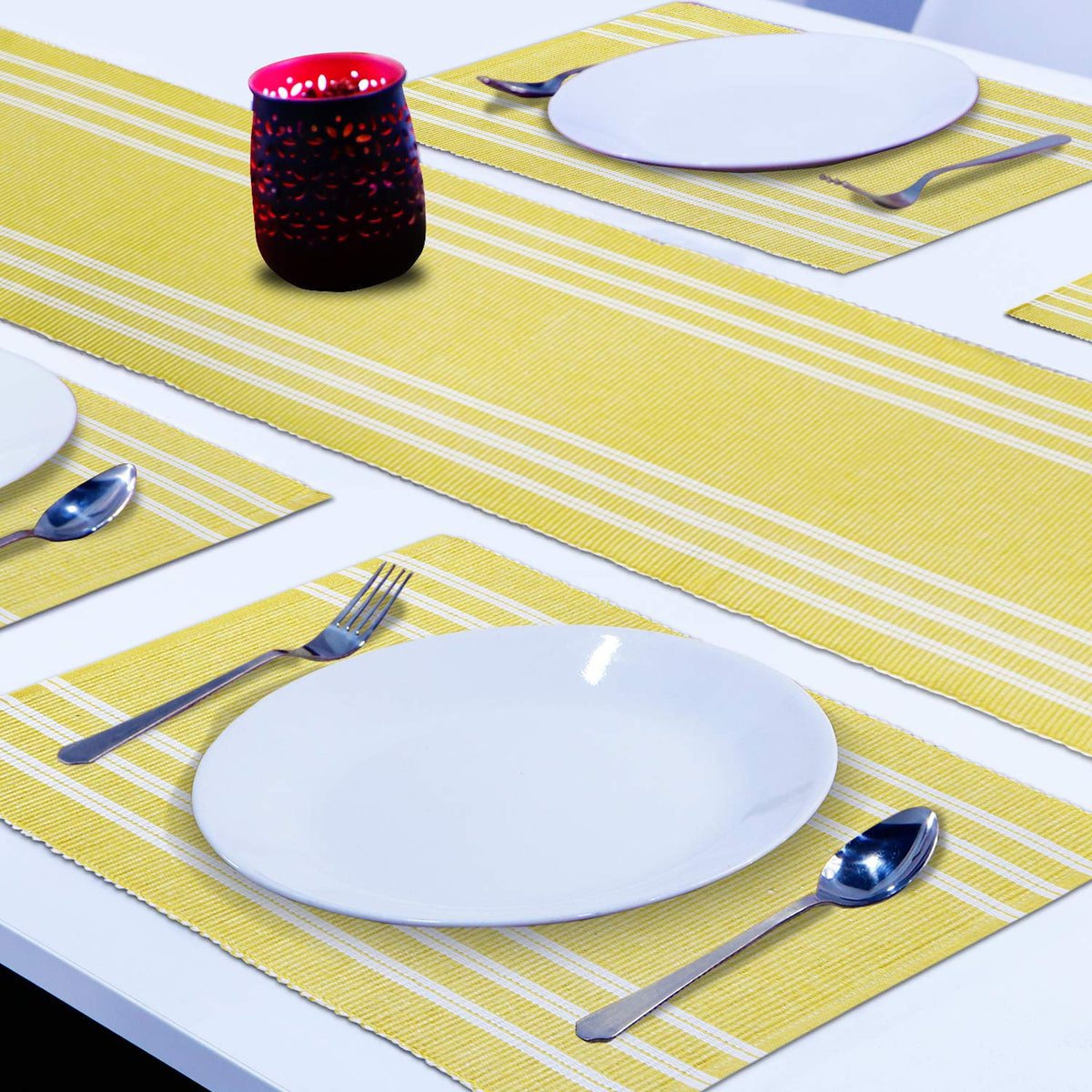 Ribbed Cotton Heat Resistant Dining Table Mat, Yellow Striped