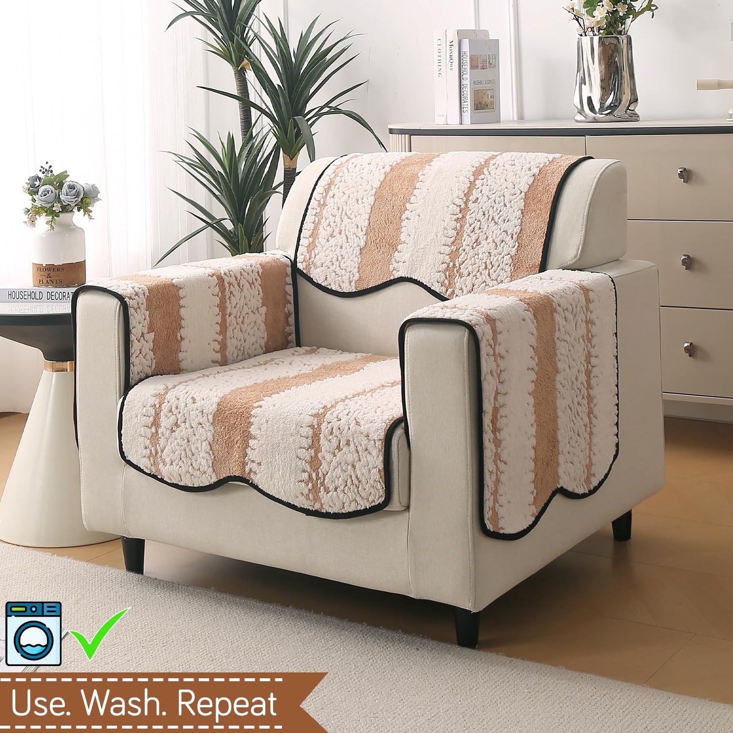 Luxury Wavy Anti Slip Plush Sofa Cover Mat, Desert Brown