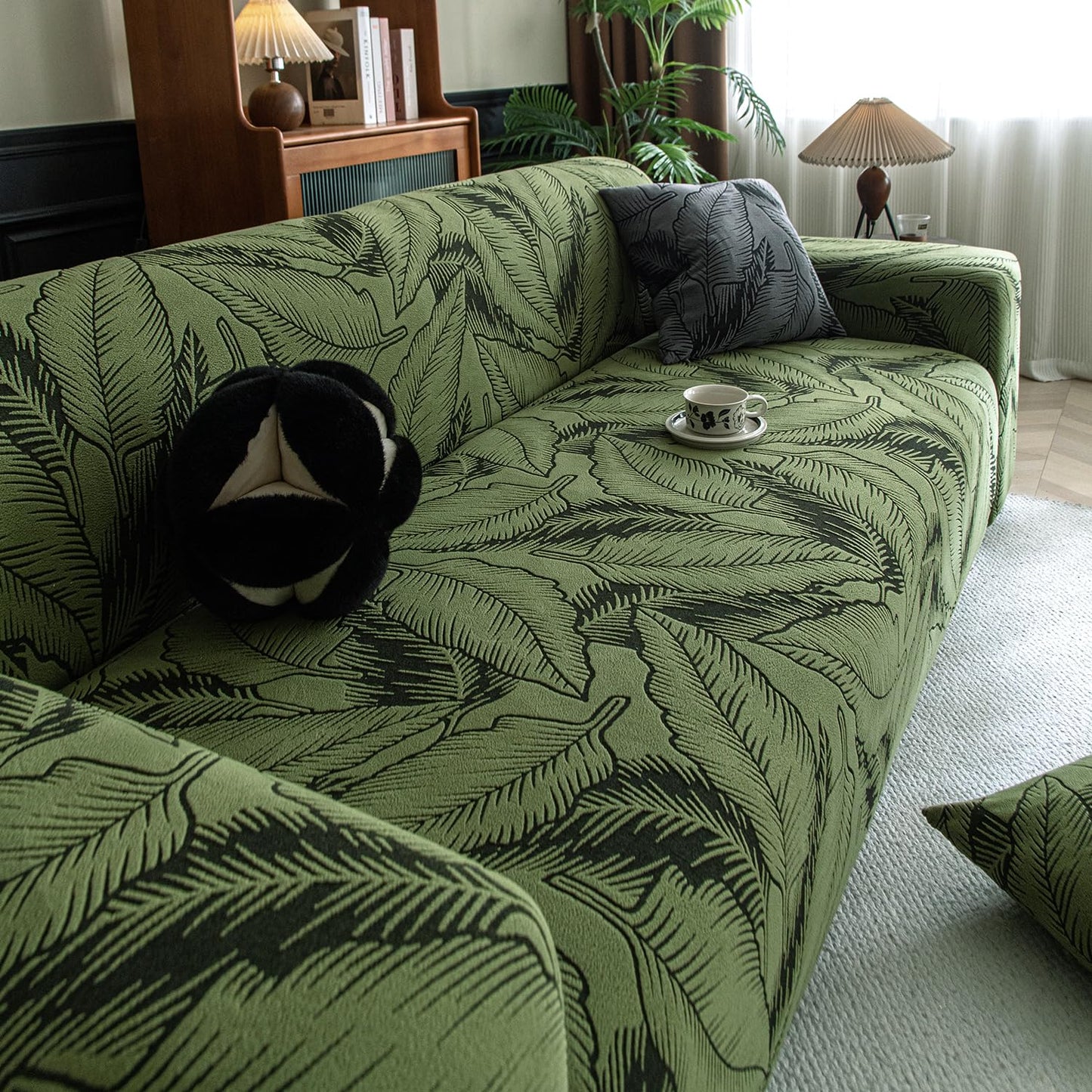 Dual Tone Knitting Jacquard Sofa Cover 1/2/3 Seater Fully Covered - Olive Green