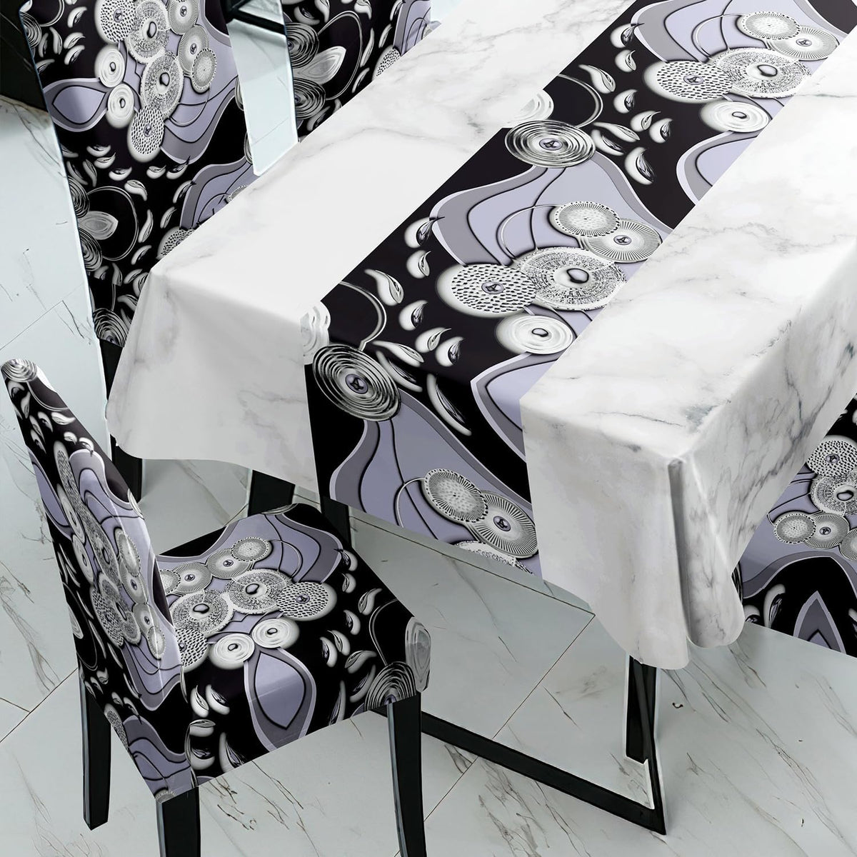 Black Printed Dining Set Cover | 4/6 Seater
