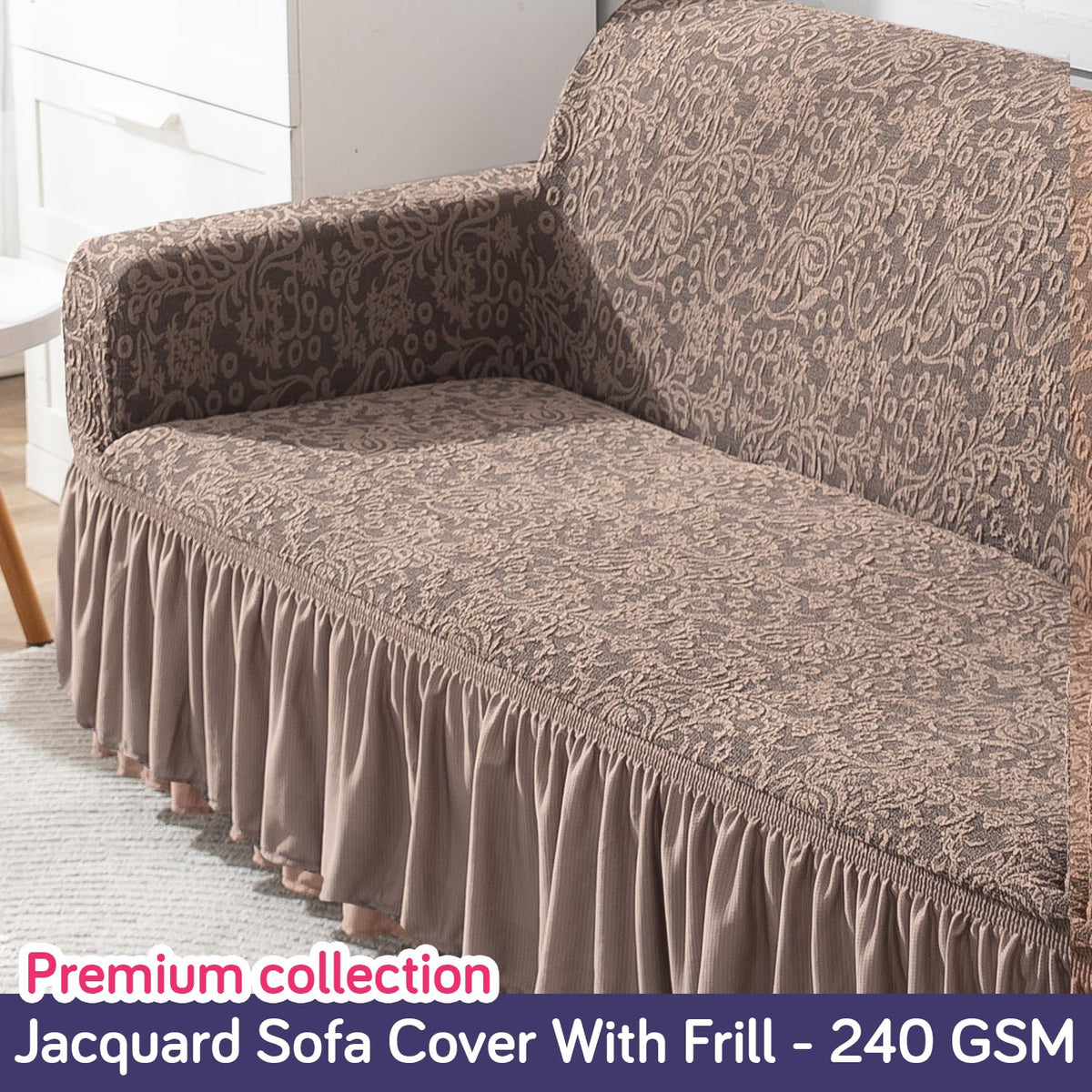 Elastic Stretchable Designer Woven Jacquard Sofa Cover with Frill, Light Taupe
