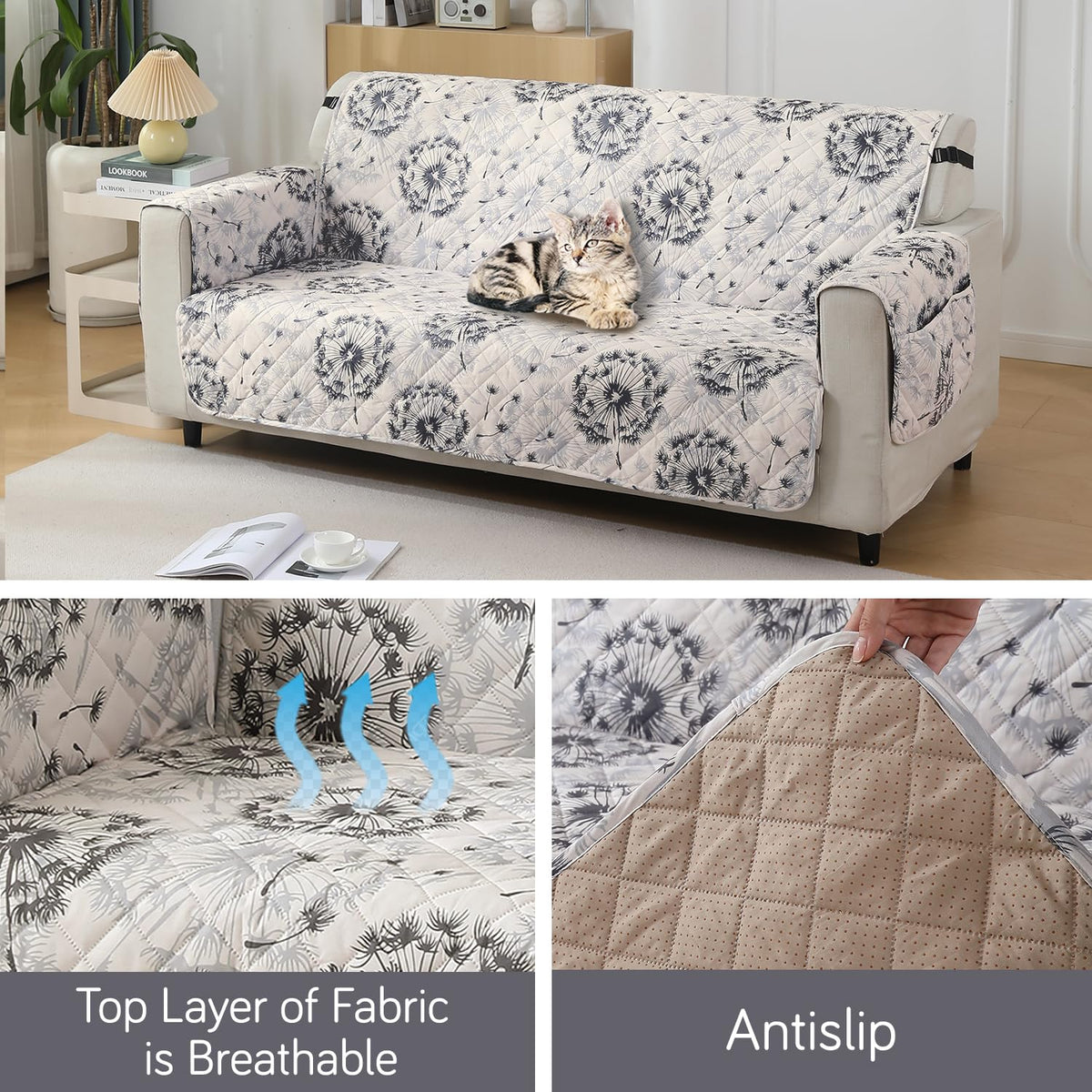 Dandelion Anchor Grey Fabric & Anti-slip quilted waterproof sofa cover | Hokipo