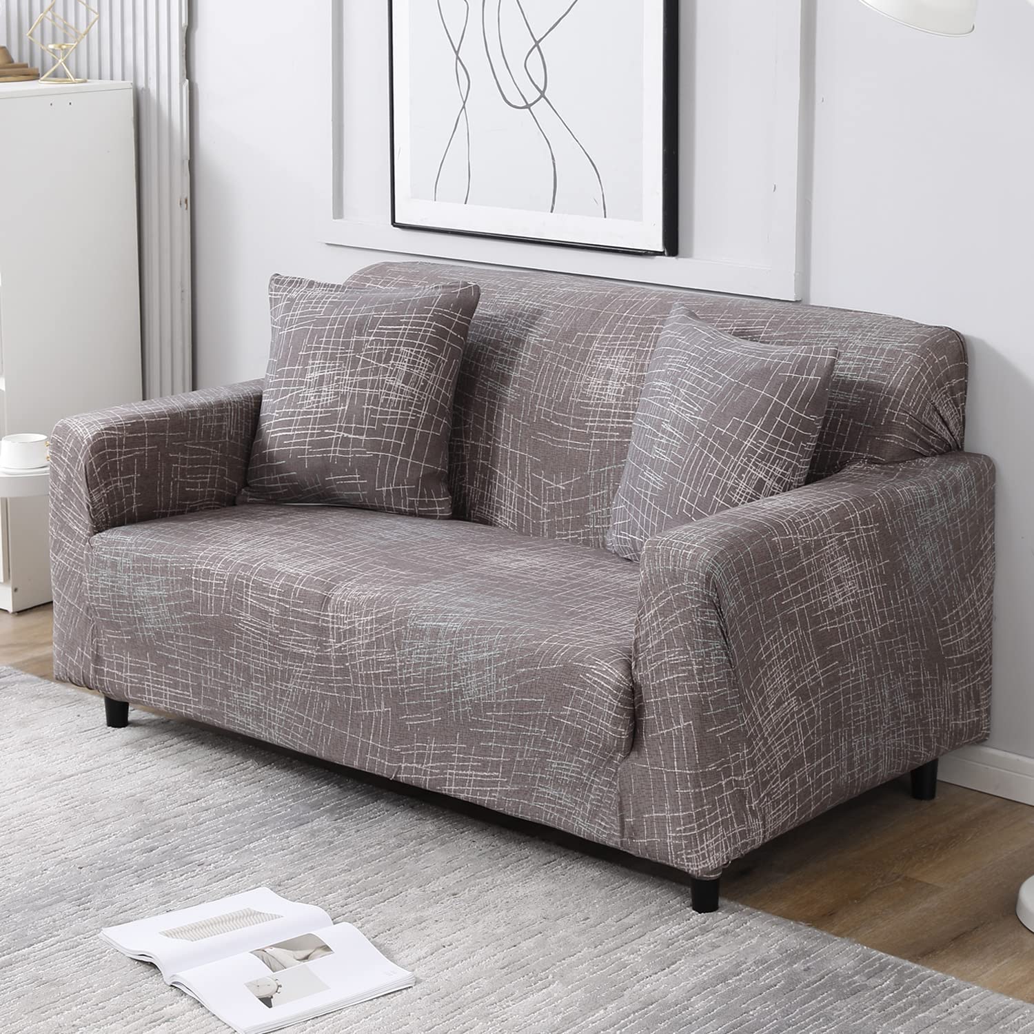 Abstract Lines Brown non slip elastic 2 seater sofa cover
