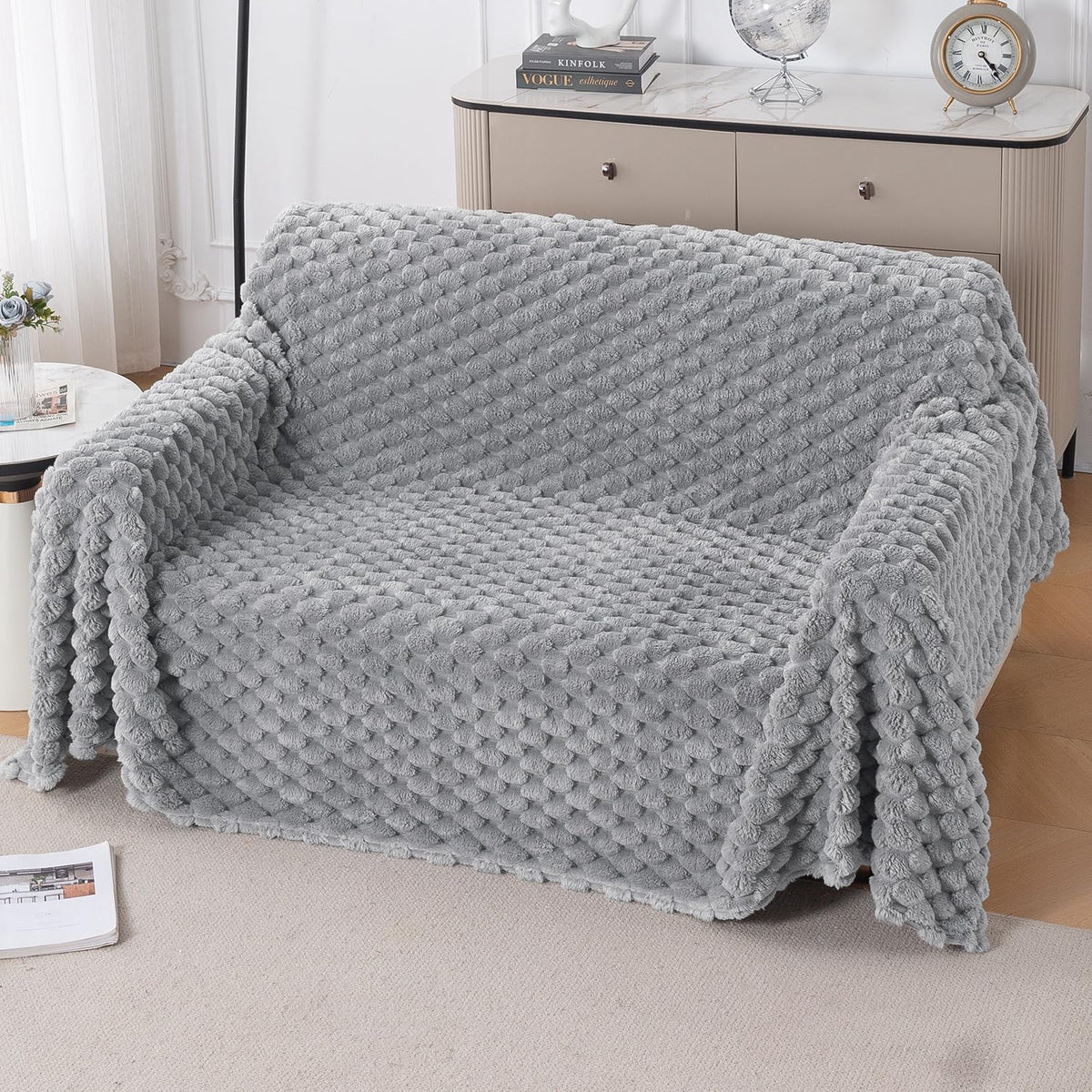 Luxury Rabbit Wool Plush Sofa Throw, Moon Grey