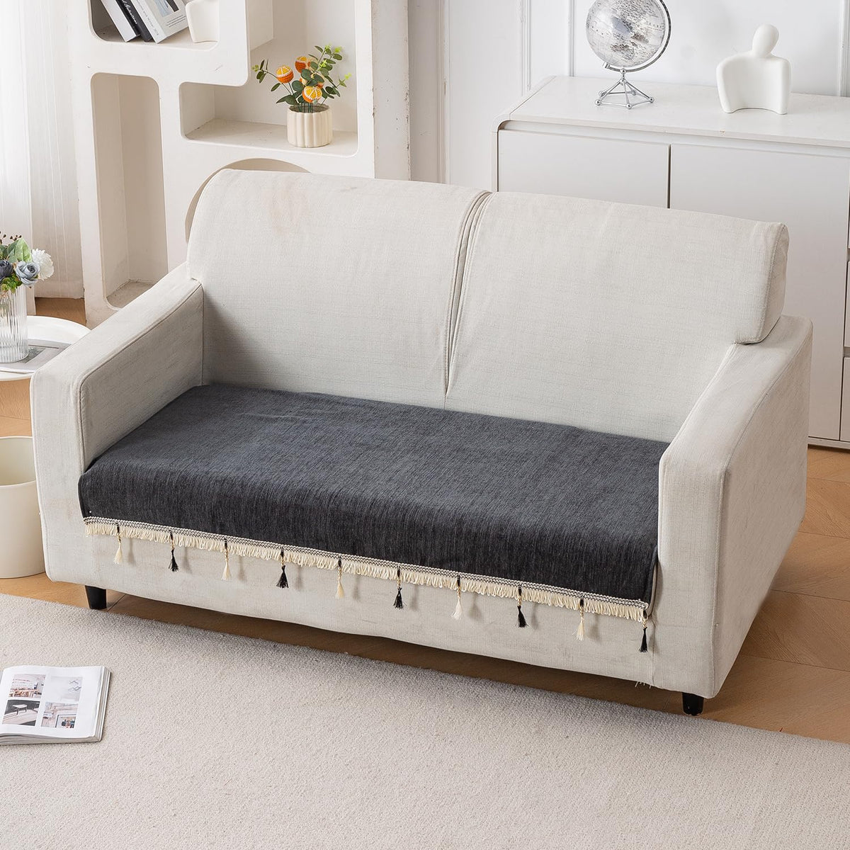 Serenity Tassel Chenille Sofa Cover with Tassel – Midnight Graphite