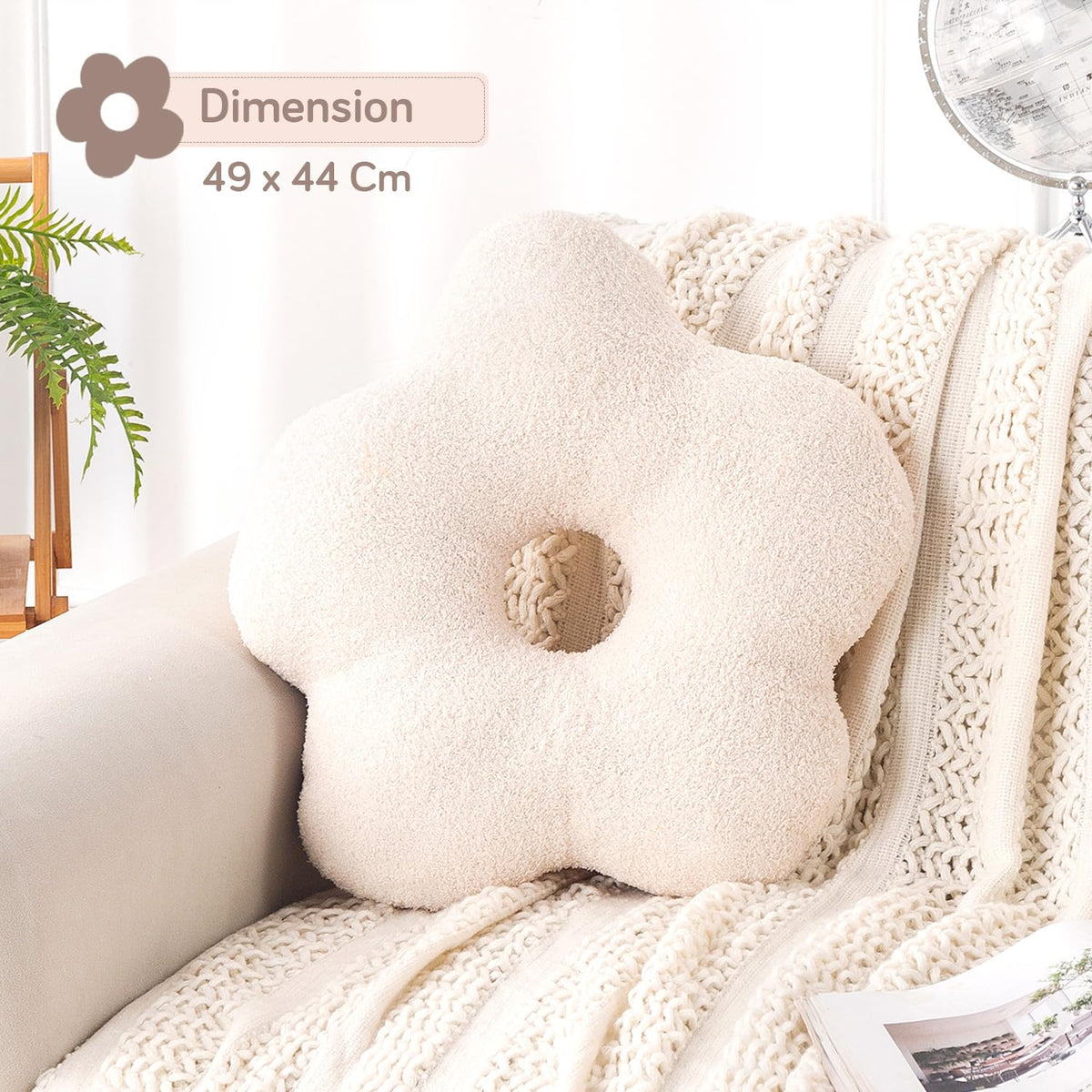 HOKIPO Flower Shaped Cushion for Sofa & Bed, 49 cm, Beige