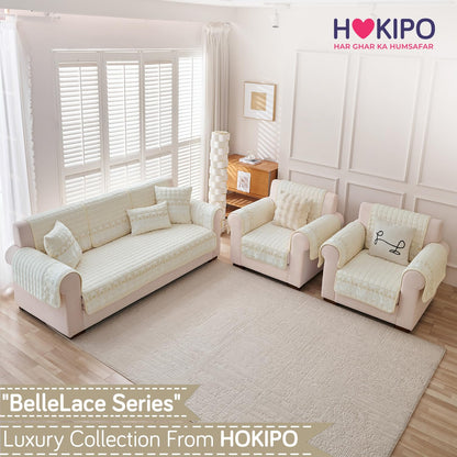 BelleLace Series Imperial Milk Velvet Sofa Cover Mat with Lace Design - Pearl White