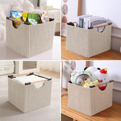 Premium Foldable Storage Bin with Wooden Handles | Corduroy Fabric Organizer Box for Wardrobe, Books, Clothes & Misc Items, Cream