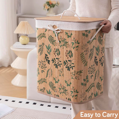 Eco-Friendly Foldable Bamboo Laundry Basket Hamper with Lid, Large - 60 Liter, Fern Leaves