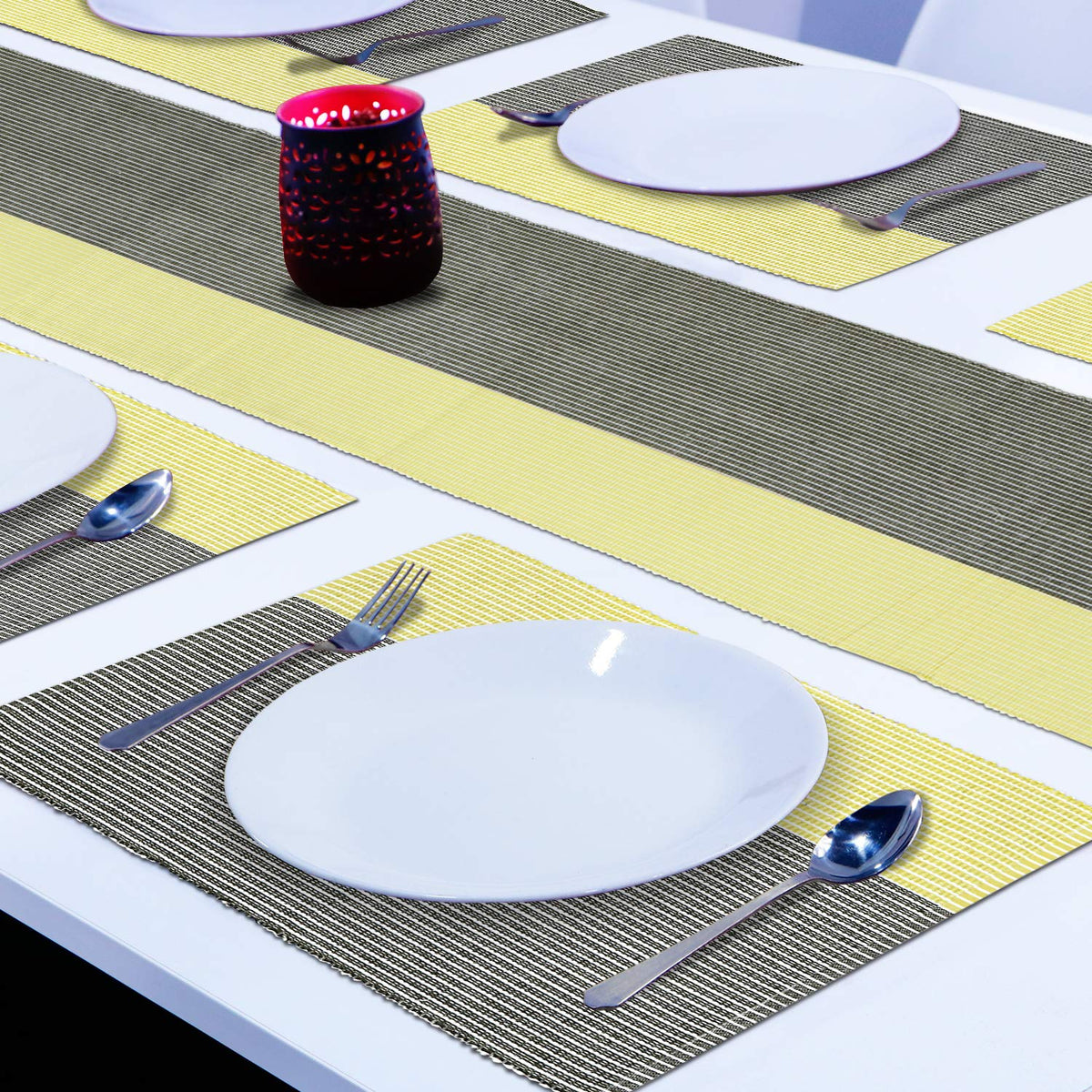 Ribbed Cotton Heat Resistant Dining Table Mat, Yellow & Grey