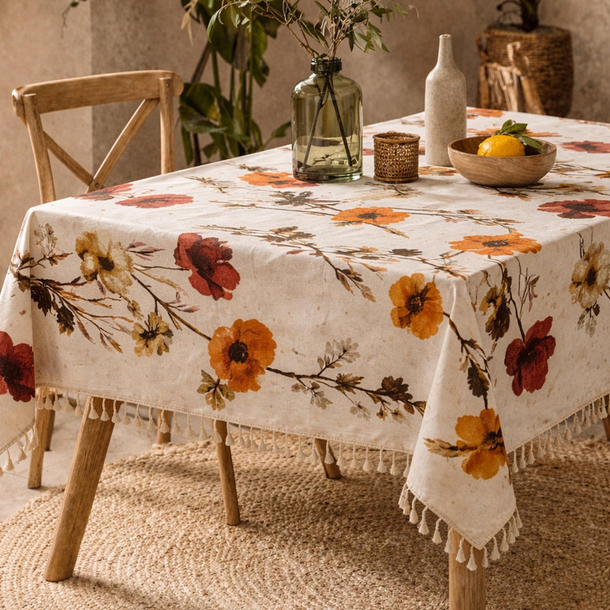 HOKIPO ShieldQuilt Table Cloth with Tassel Edge for 4/6 Seater, Poppy Beige - image 1