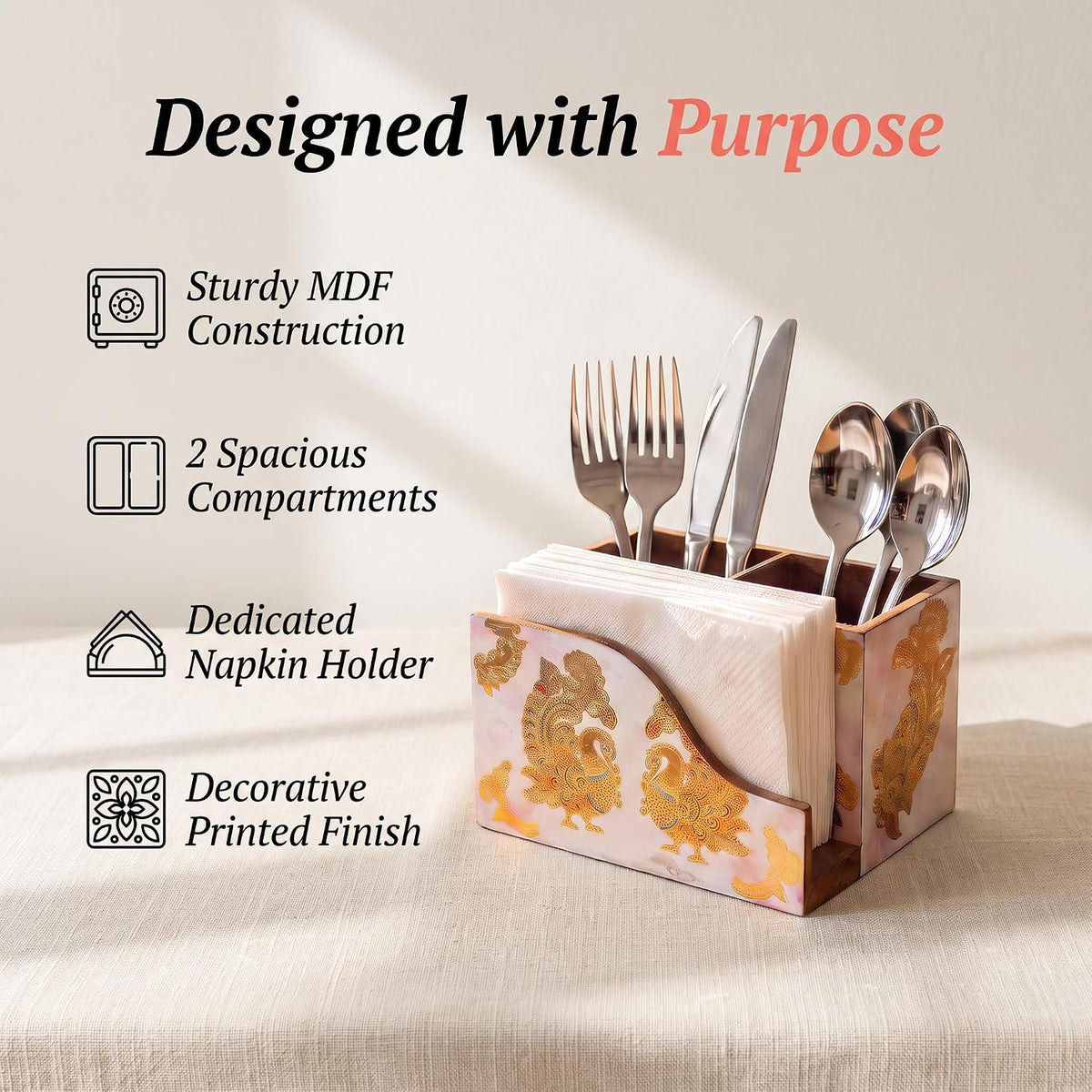 HOKIPO Cutlery Holder with Napkin Stand, Engineered Wood, Mayur Mahal - image 2