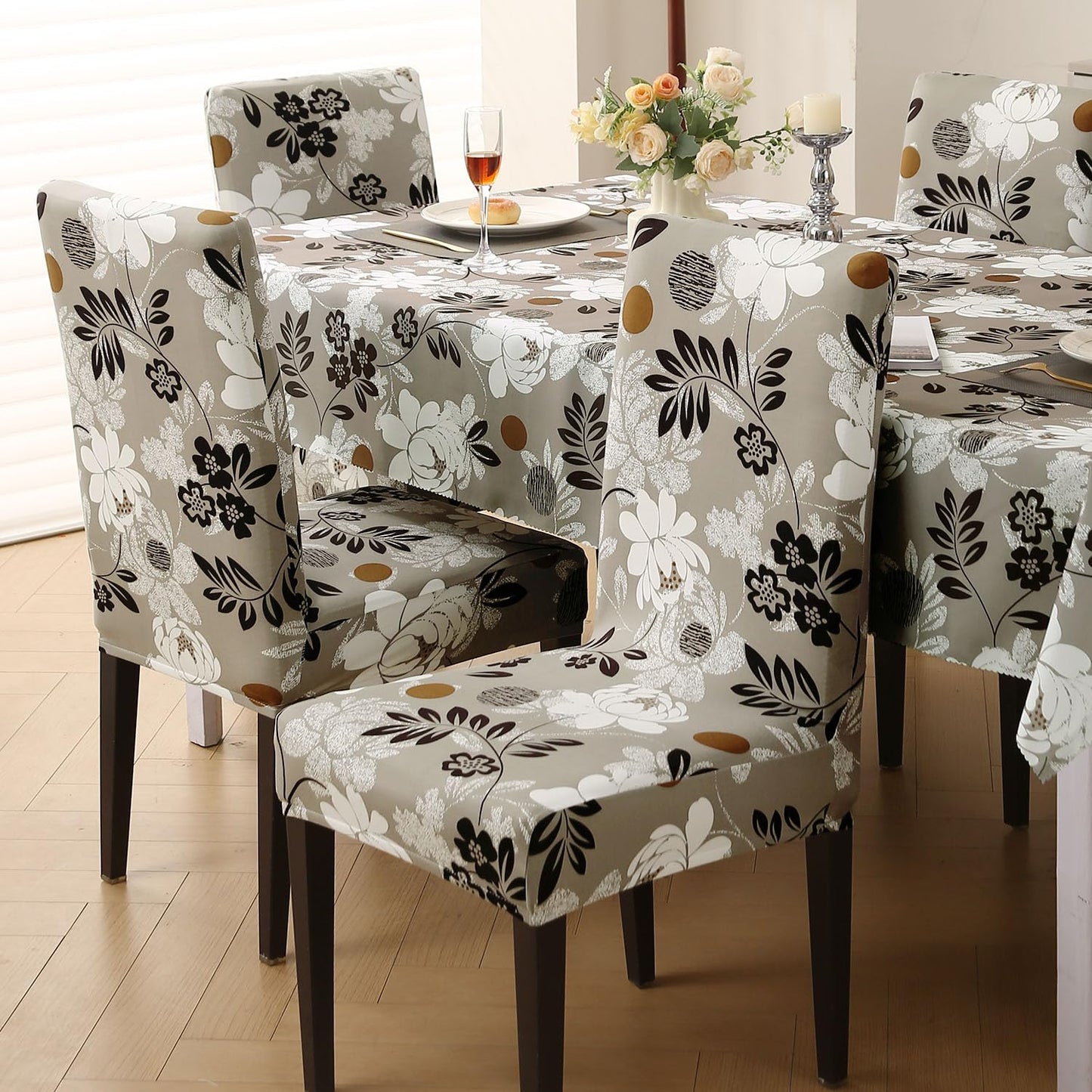 Elastic Dining Chair Covers with Matching Tablecloth, Feather Brown Floral