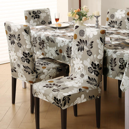 Elastic Dining Chair Covers with Matching Tablecloth, Feather Brown Floral