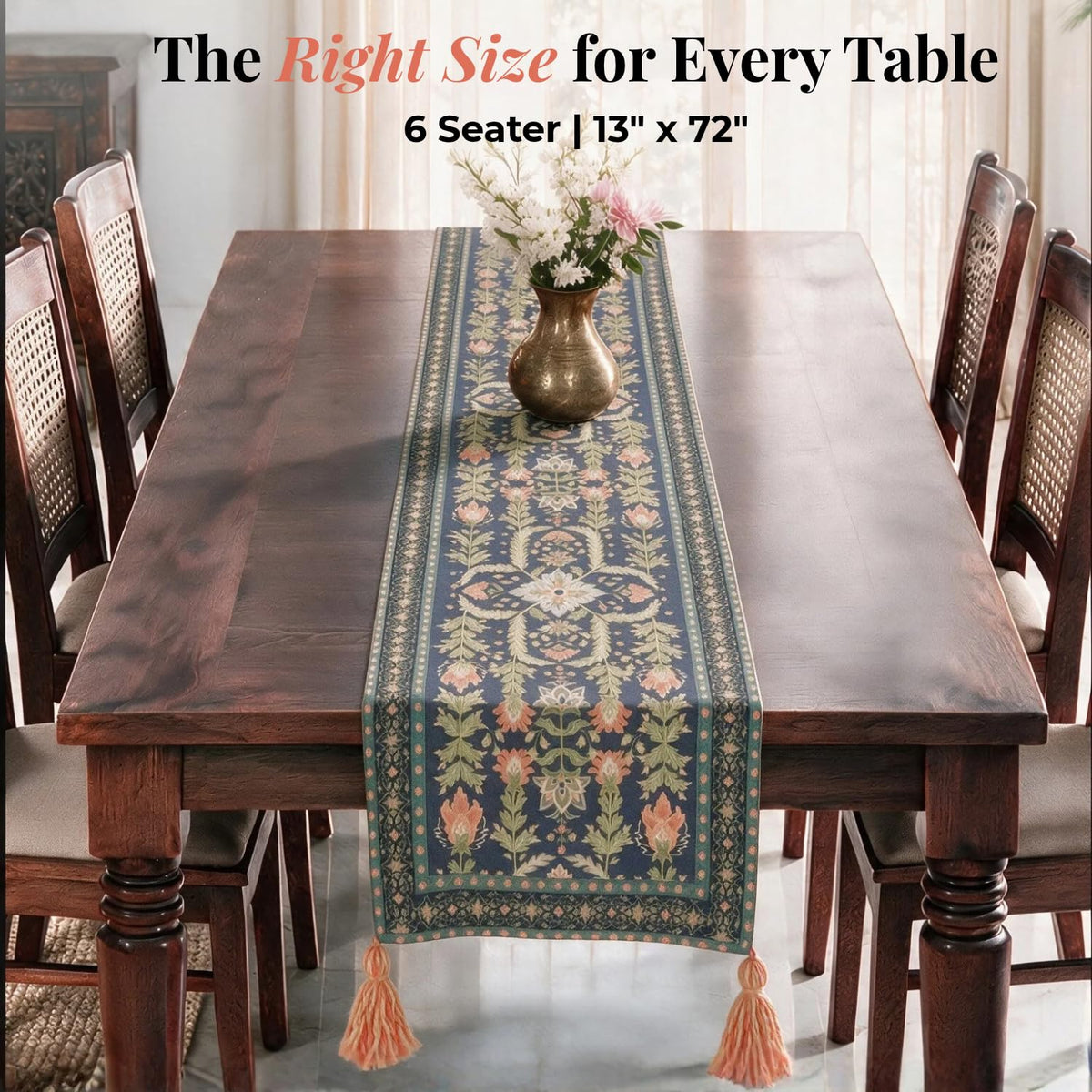 HOKIPO Floral Medallion Printed & Embroidered Table Runner, Midnight Blue - image 6