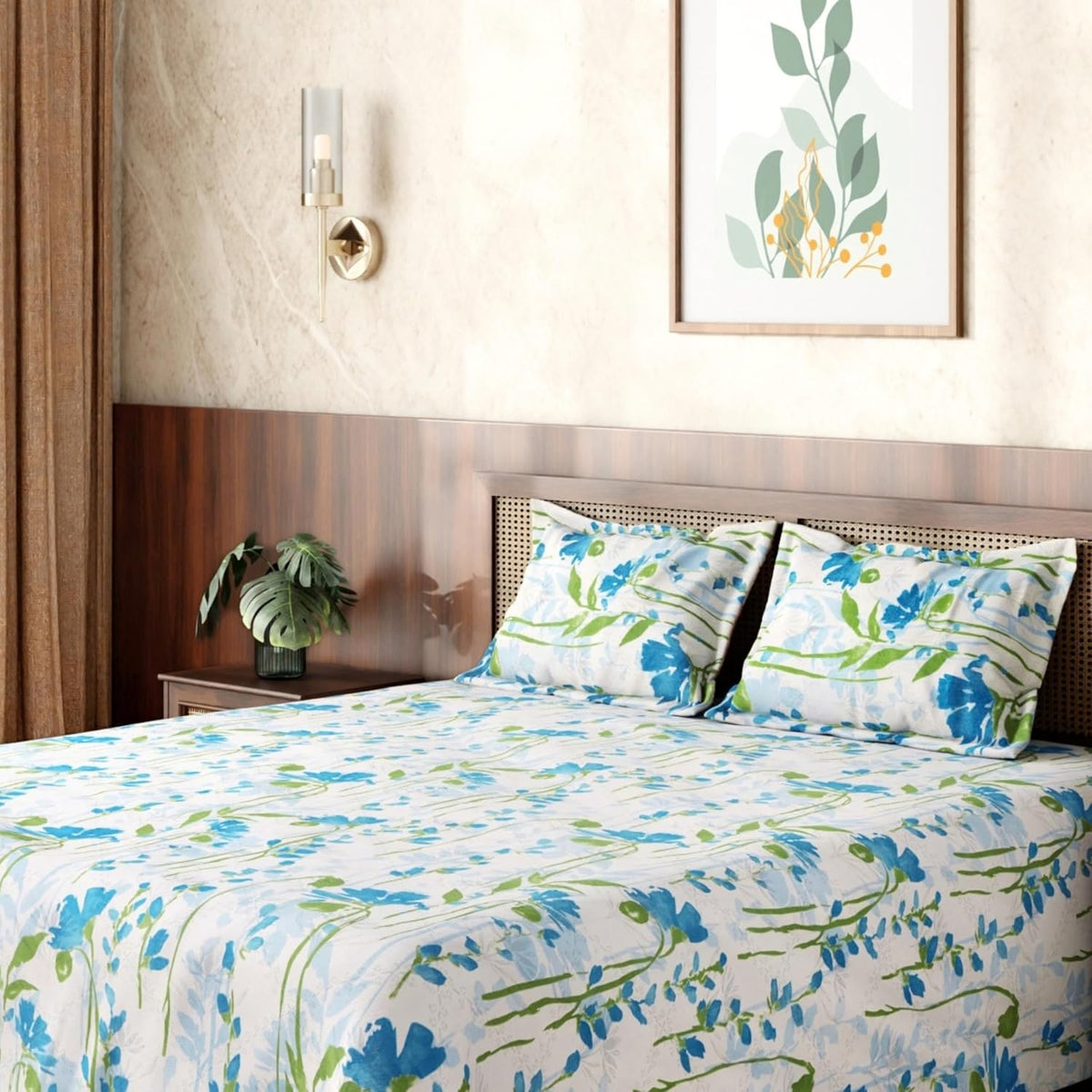 HOKIPO King Size Cotton Bedsheet, 2 Pillow Covers, Floral, Azure Blue - image 1