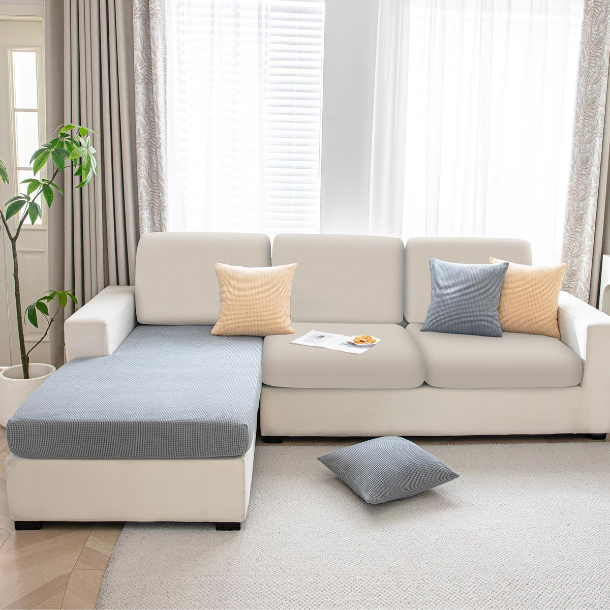 Stretchable Thick Jacquard Textured Seat Cushion Cover for 1/2/3 Seaters / Pieces for Sofa, Light grey