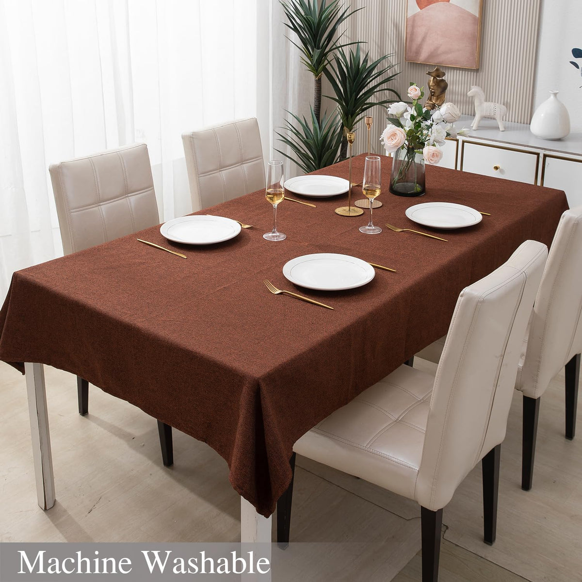 Buy Copper Brown Colour Machine Washable Poly Jute Tablecloth | HOKIPO