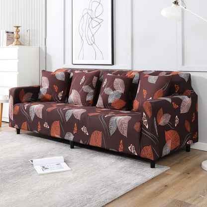 Elastic Stretchable Printed Sofa Cover, Dark Brown Leaf