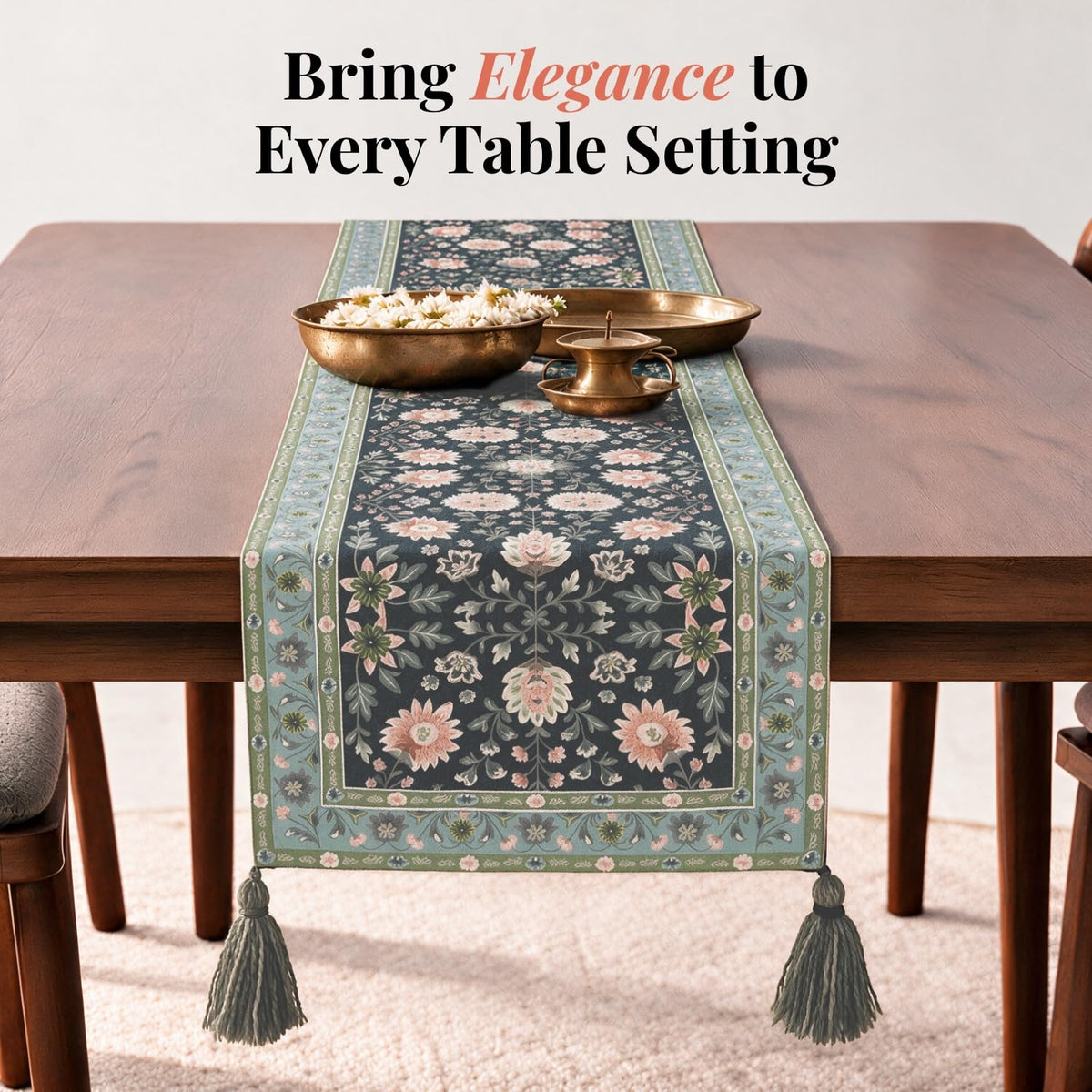 HOKIPO Floral Printed & Embroidered Table Runner, Charcoal Sage - image 2