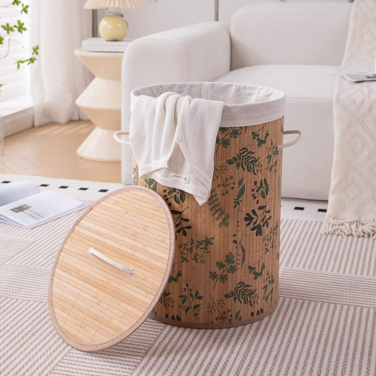 Eco-Friendly Foldable Bamboo Laundry Basket Hamper with Lid, Large, 61 Litre, Fern Leaves