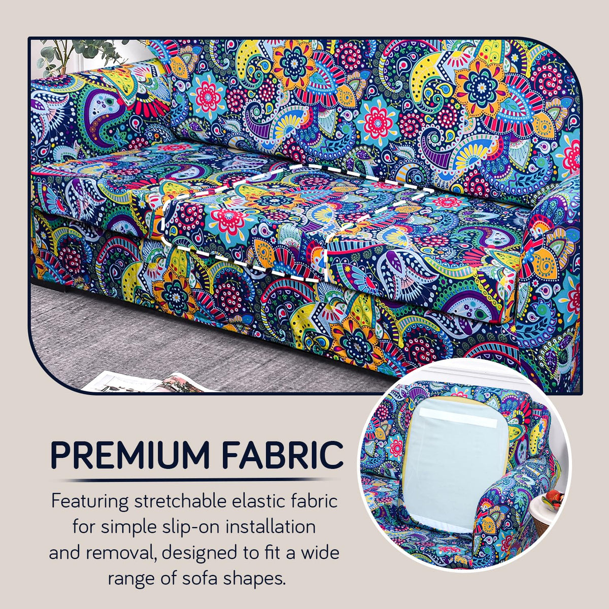 Printed Stretchable Sofa Slipcover with 1/2/3 Pc Separate Seat Cushion Cover for each 1/2/3 Seater, Saphire Boho Carnival