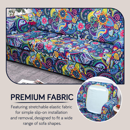 Printed Stretchable Sofa Slipcover with 1/2/3 Pc Separate Seat Cushion Cover for each 1/2/3 Seater, Saphire Boho Carnival