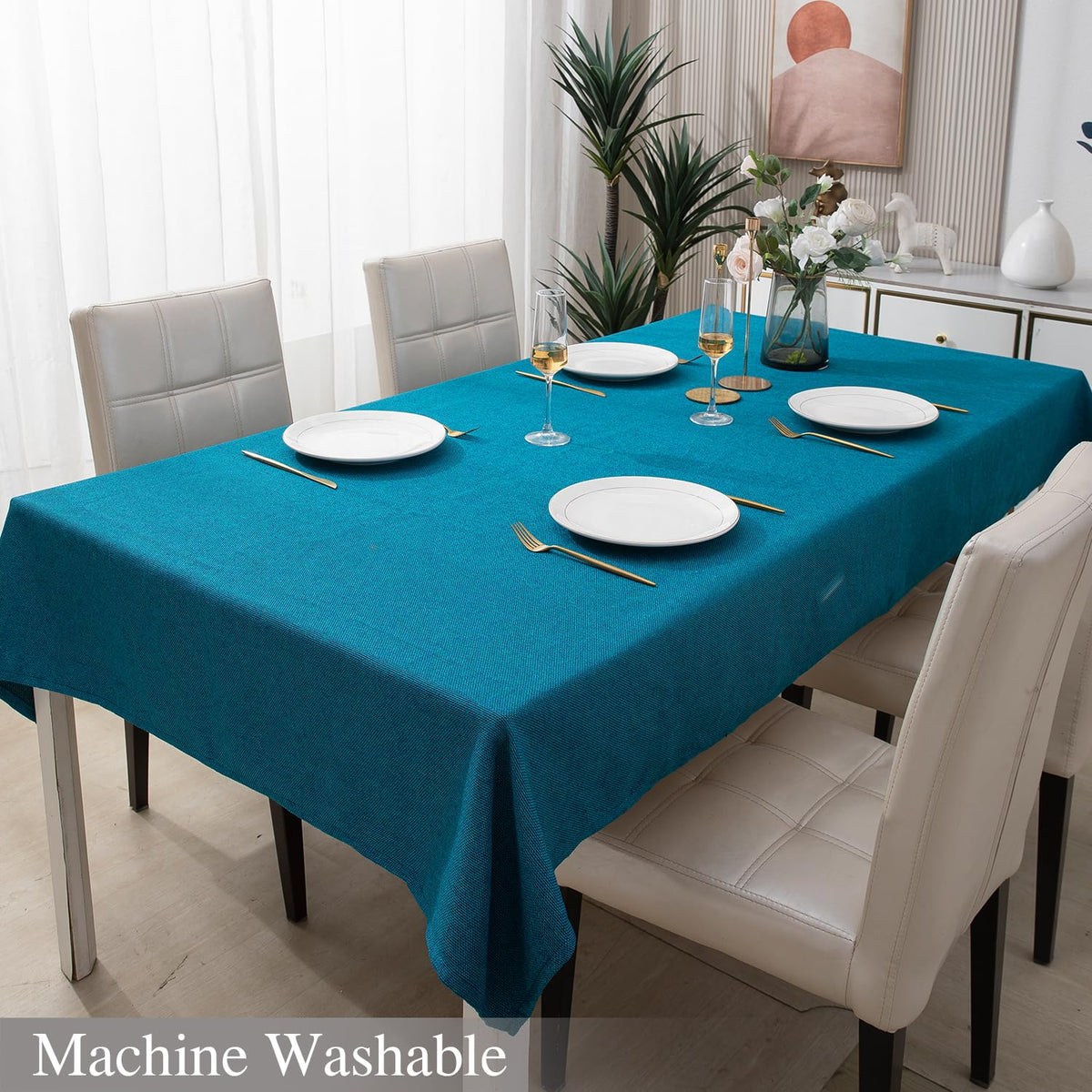 Buy Teal Blue Colour Machine Washable Poly Jute Tablecloth | HOKIPO