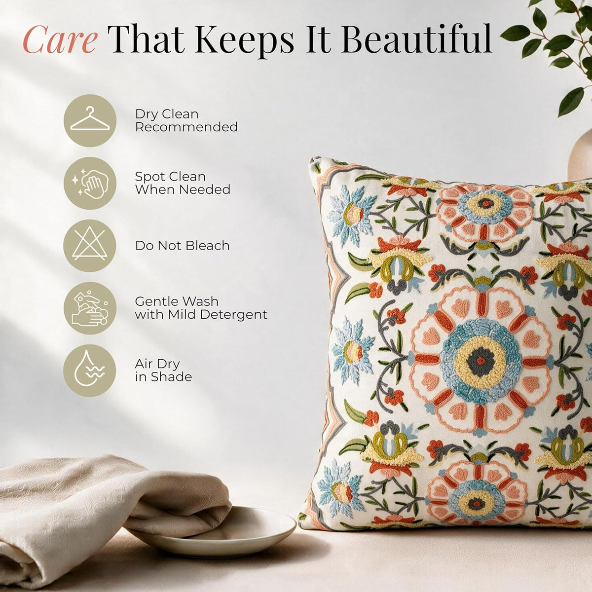 HOKIPO Crewel Embroidery Cushion Cover, Floral Medallion Multicolor, 16 x 16 in - image 6