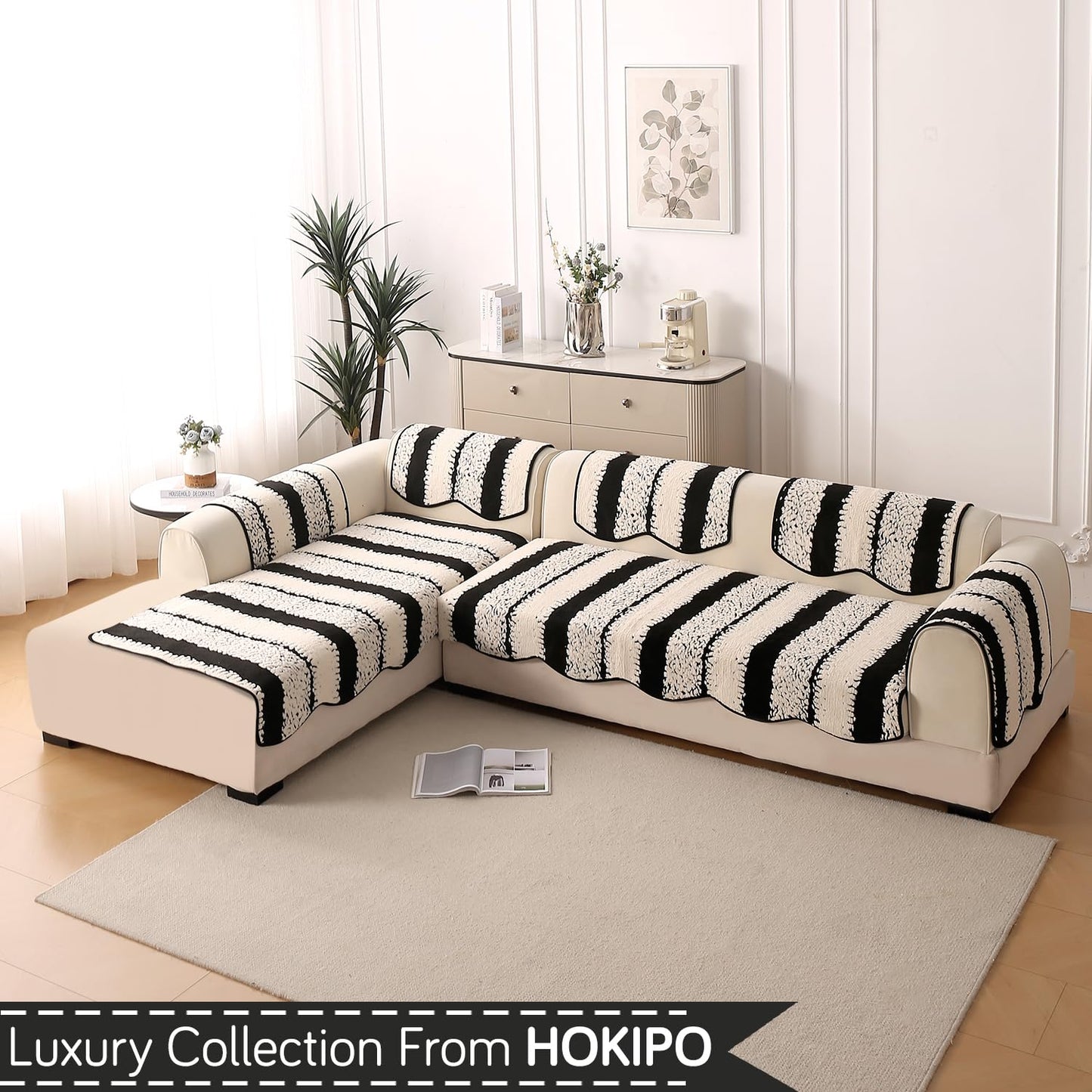 Luxury Wavy Mat with Anti Slip Backing  L Shape Sofa Cover Seat Mat - Black
