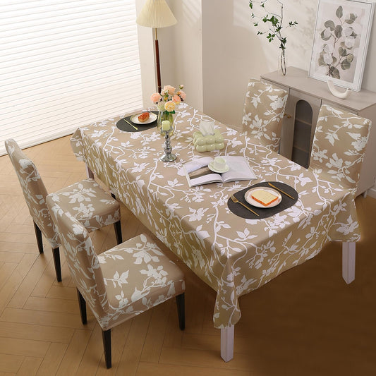 Elastic Dining Chair Covers with Matching Tablecloth, Buff Brown Sillehoute Floral