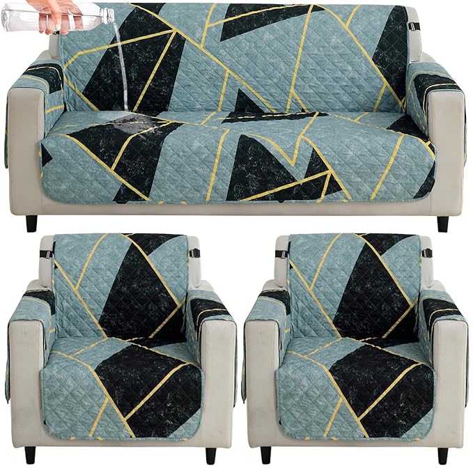 Waterproof & Quick-Dry Quilted Sofa Cover with Pockets on Armrest, Multicolor Abstract Geometry