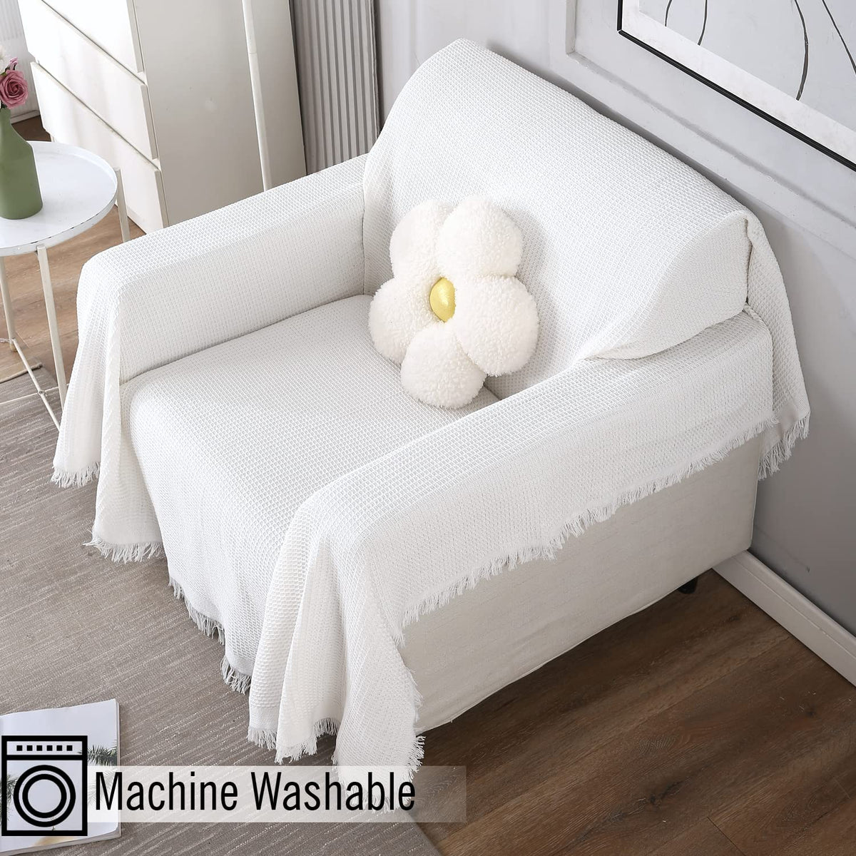 White polycotton sofa throw cover is machine washable, available for 1, 2, 3 seater sofas
