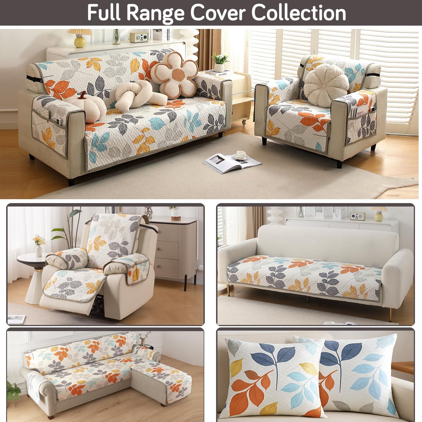 Printed Quilted Sofa Cover Mats, Multicolor Leaves