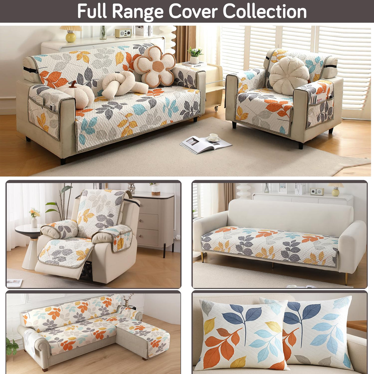 'Homehues' Printed Quilted Sofa Cover Mats, Multicolor Leaves