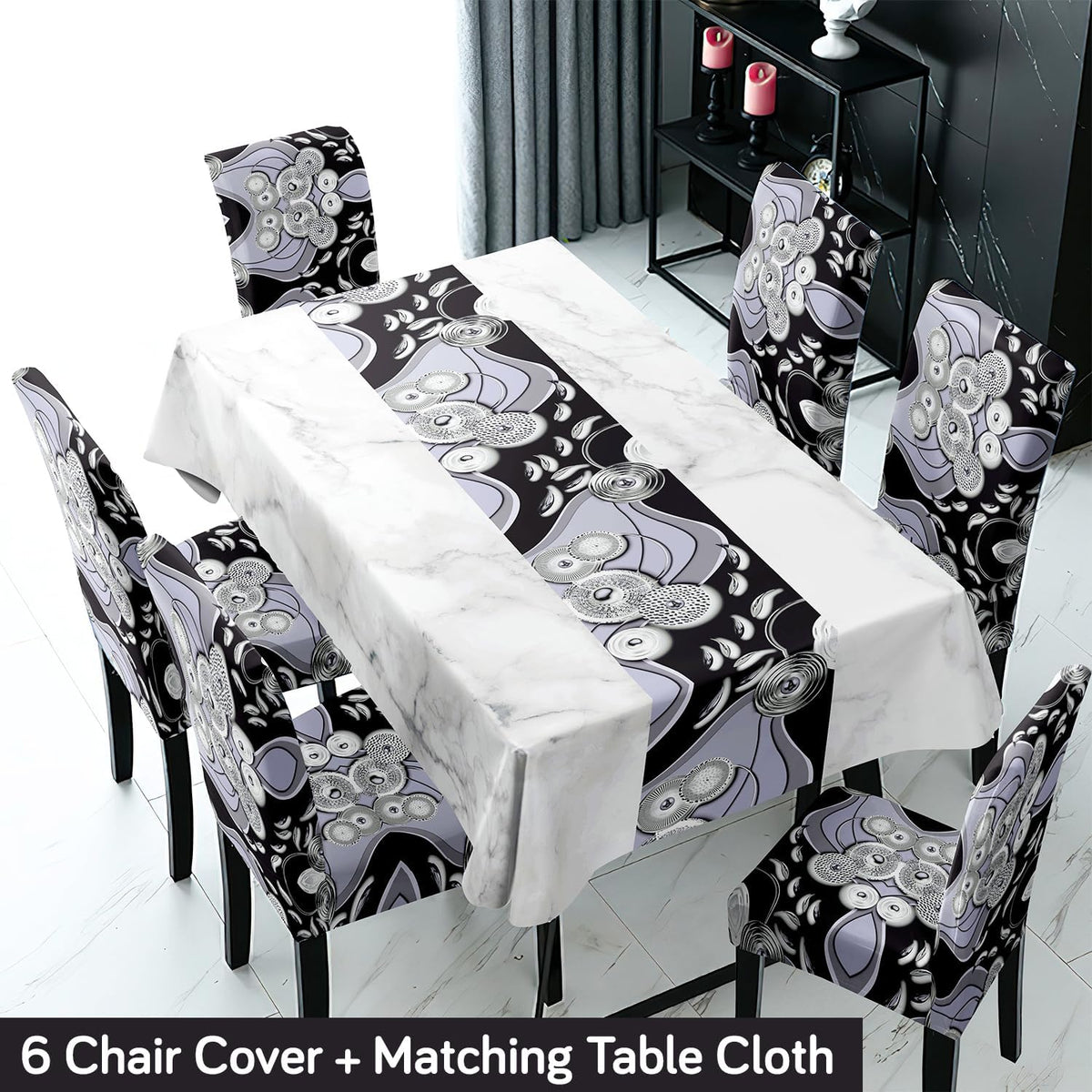 Black Printed Dining Set Cover | 4/6 Seater