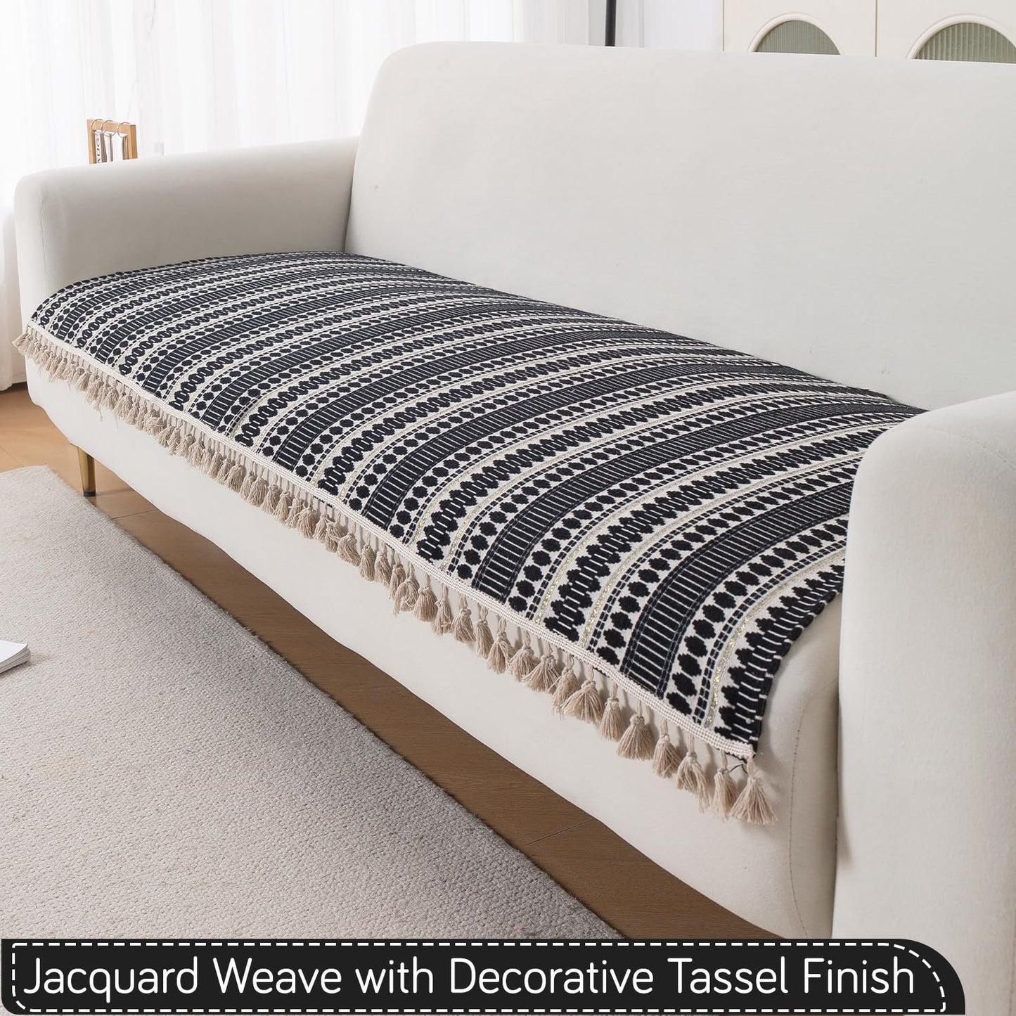 Artisan Boho 5-Seater Sofa Seat Mat with Tassels (3+1+1), Charcoal Black