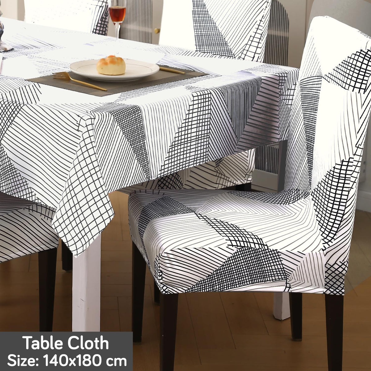 Elastic Dining Chair Covers with Matching Tablecloth, Snow White Black Geometry